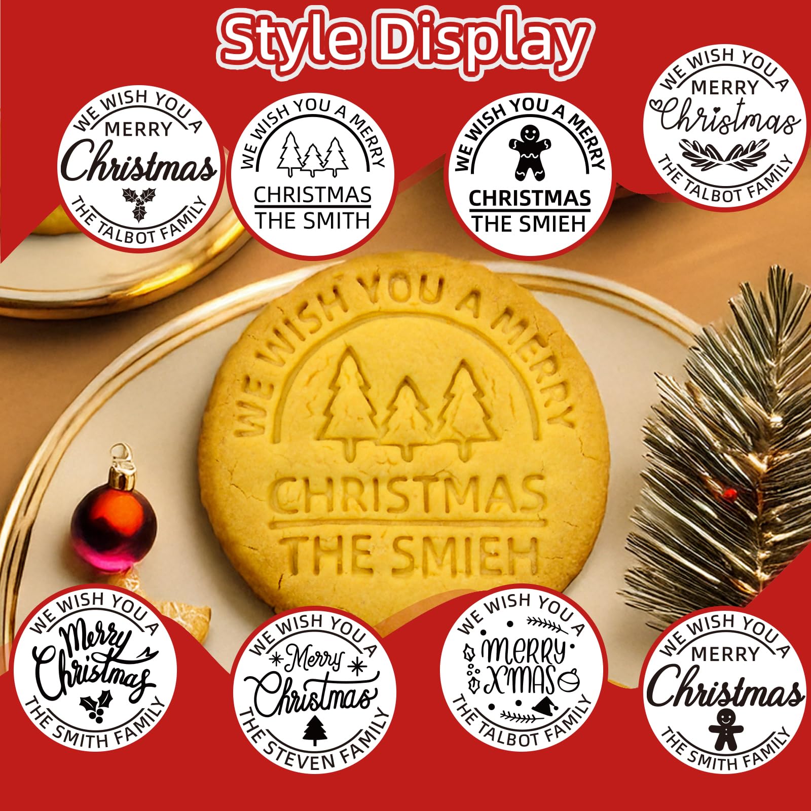 3 Piece Personalized Christmas Cookie Stamp with Cutter, Custom Merry Christmas Cookies with Your Family's Last Name, Handcrafted Gift for Baking, Holiday Decorating, Bakers, Christmas,Grandma