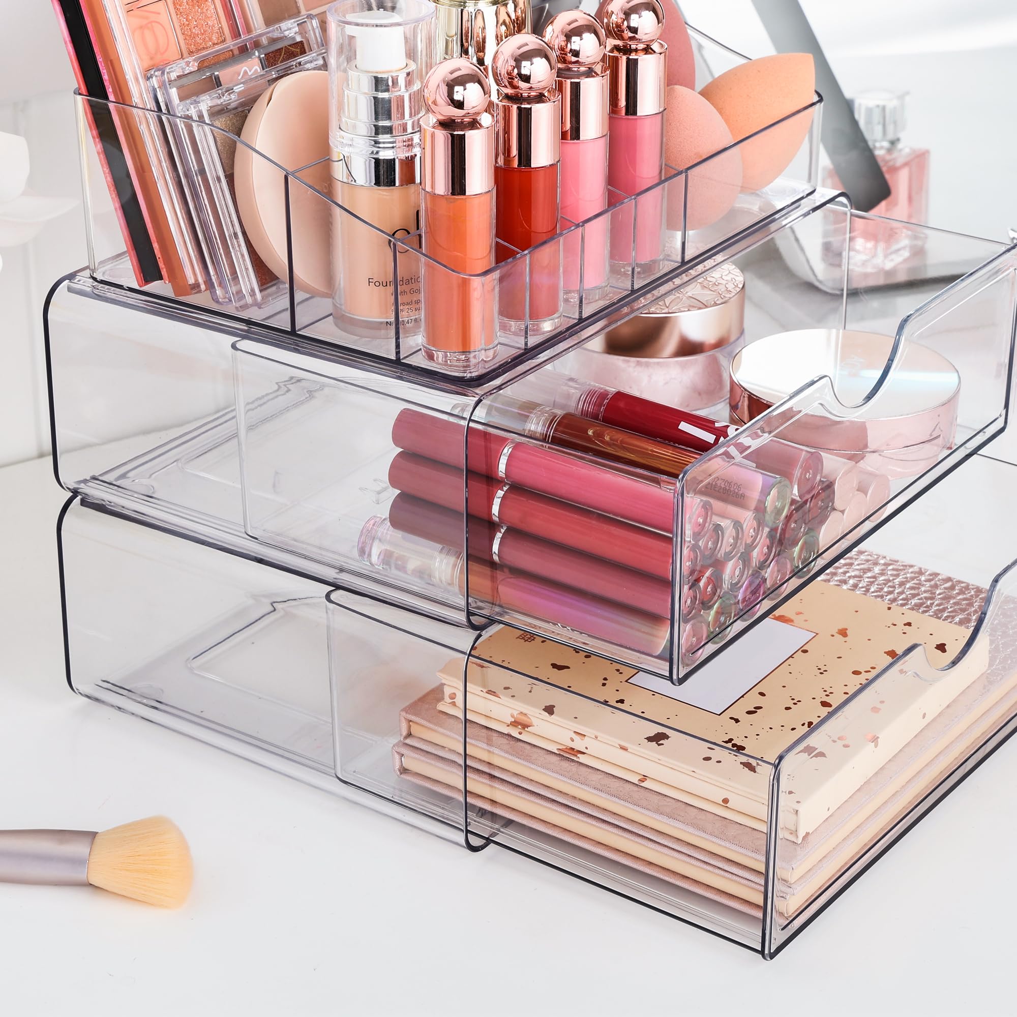 Vtopmart 3 Tier Clear Makeup Organizer with Drawer, Cosmetic Storage for Dresser Countertop and Bathroom Vanity, Beauty Holder for Lipstick Brush Skincare