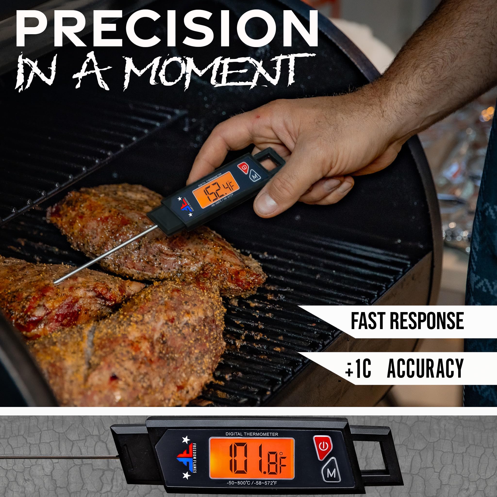 Freedom Flames BBQ Bayonet - Digital Meat Thermometer for Grill & Kitchen Cooking, Quick Read Waterproof Backlit Temperature Probe, Great Gift for Grilling, Smoking, Frying Oil & Baking (Black)