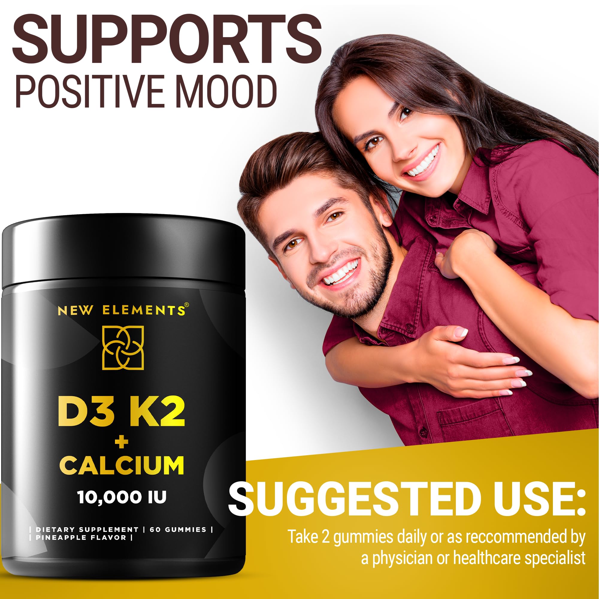 Vitamin D3 K2 Gummies 10000 IU with Calcium 100mg - VIT D3 for Adults - Mk7 Vitamin K2 100mcg - Vitamin D Supplement for Men & Women - Vegan Gluten Free Non-GMO