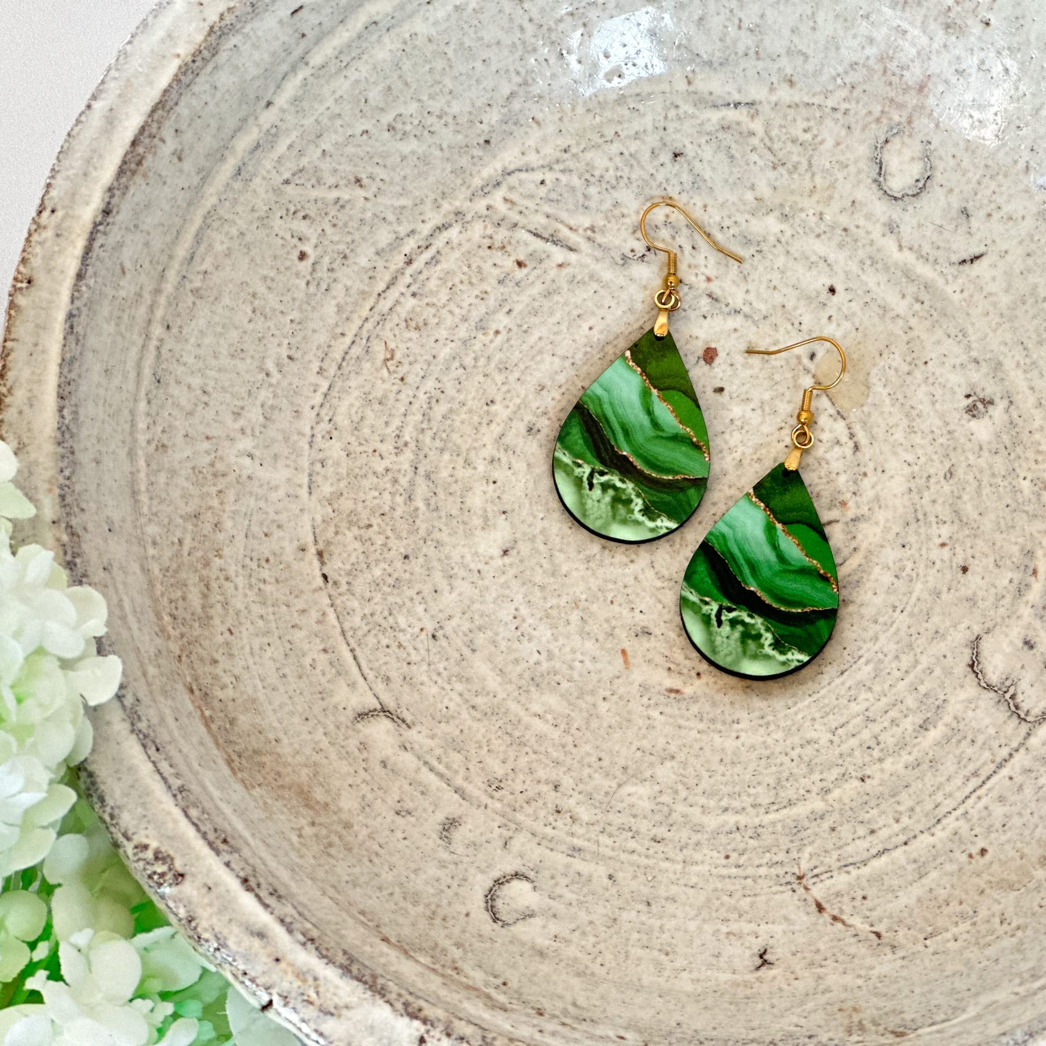 Green Earrings for Women with Gold Strands Teardrop Dangle Spring Dangling Wood Statement Jewelry MDF Kelly Lime Handmade by The Painted Pug (Large Single Pair)