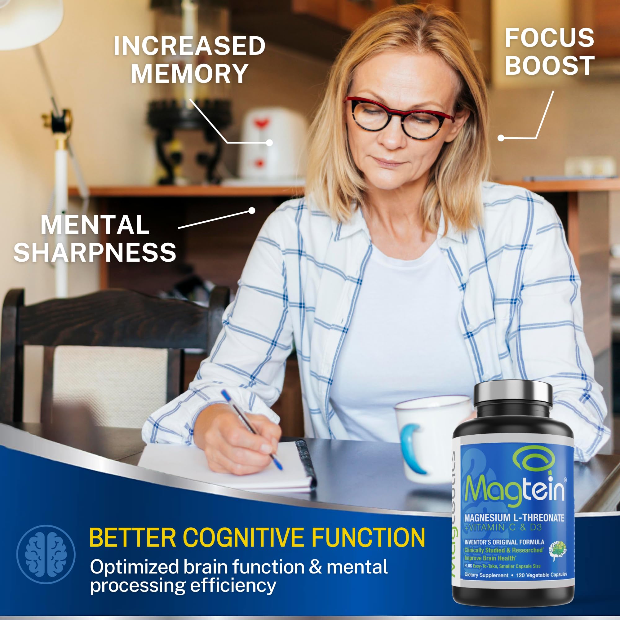 Magtein Magnesium L-Threonate to Improve Cognition, Focus, Memory, Sleep Quality and Brain Health with Small Caps - 120 Vegetable Capsules