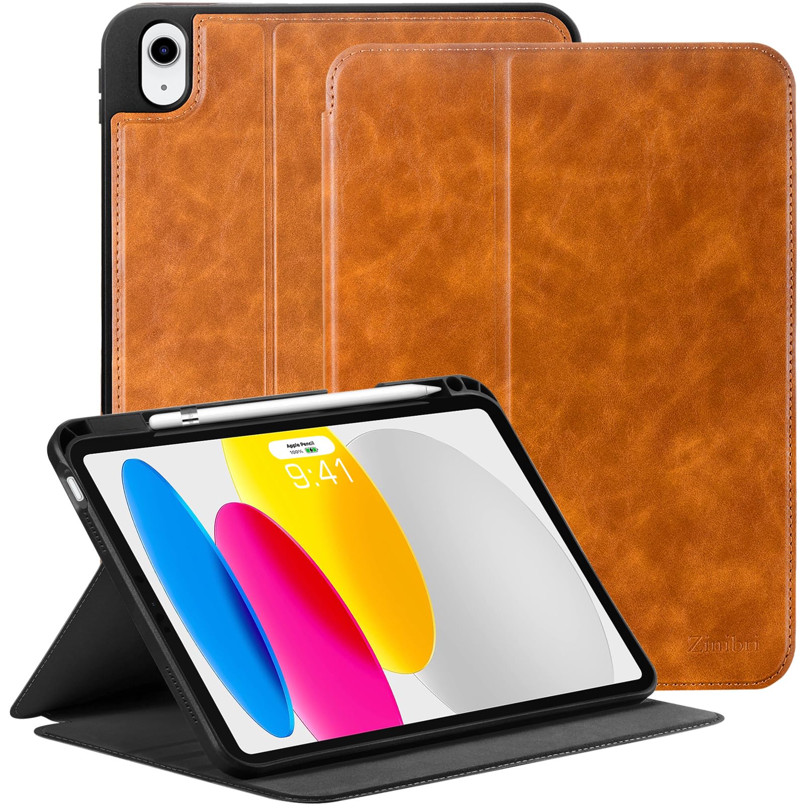 Zinibri Case Compatible with iPad 10th Generation/iPad 10 Cover 10.9 Inch 2022 2023 A2696 A2757 A2777 with Pencil Holder PU Leather Multi Angles Stand Slim Smart Folio Auto Sleep/Wake,Brown