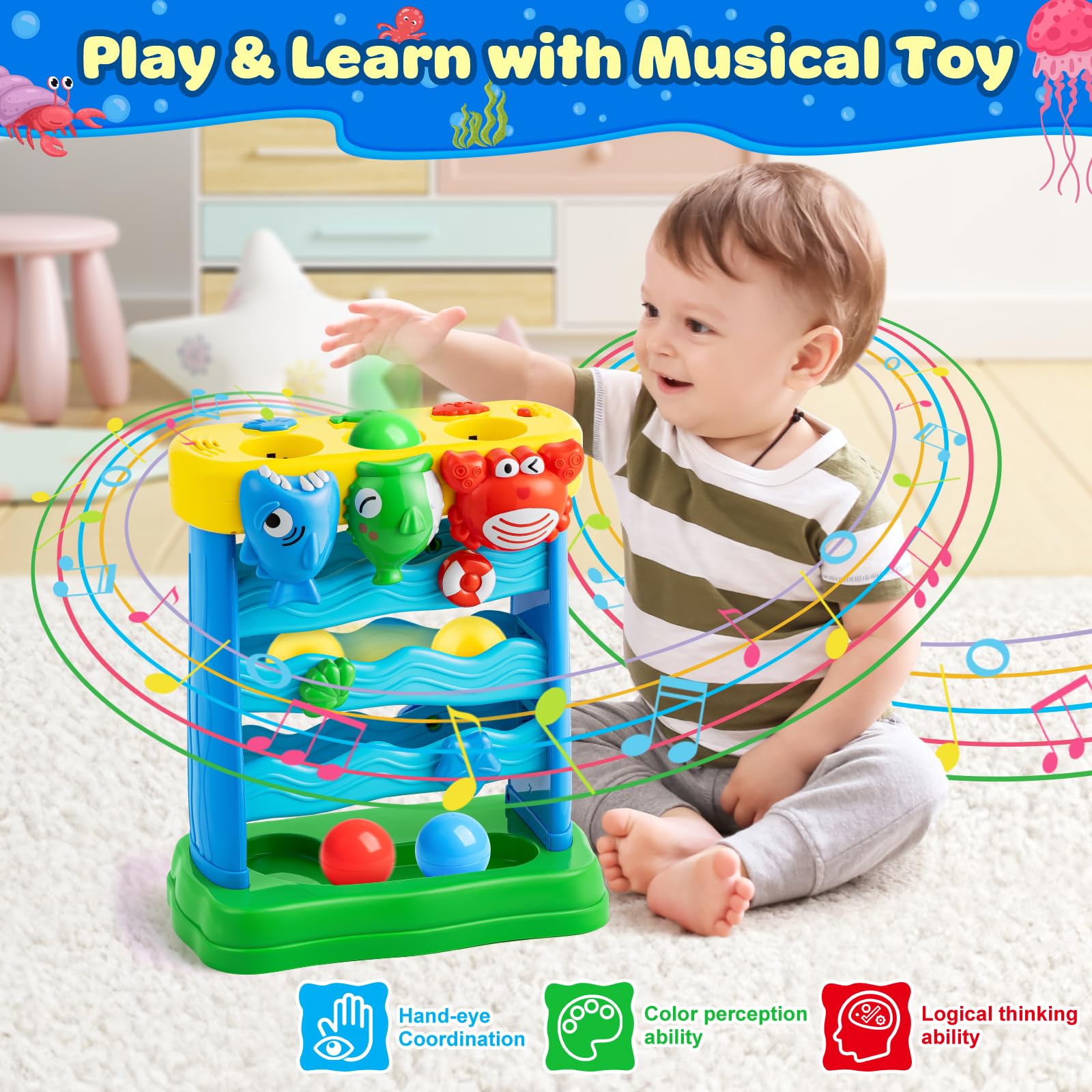 V-Opitos Musical Toys for 1, 2 Years Old Boys & Girls, Feeding Interactive Toys Gifts for Baby 6-12, 12-18 Months, Montessori Education Toys, Perfect Toddler Christmas Birthday Gifts