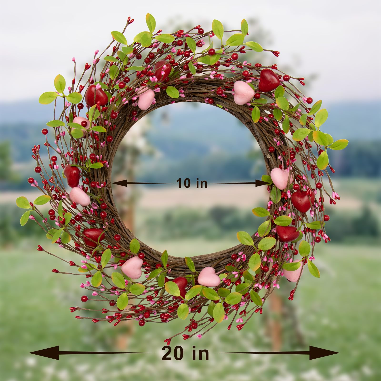 J'FLORU Valentine's Day Wreaths for Front Door 20 Inch Valentines Day Wreath Valentine Door Wreath with Pink Red Hearts and Berries Valentines Day Gifts Anniversary Wedding Decorations