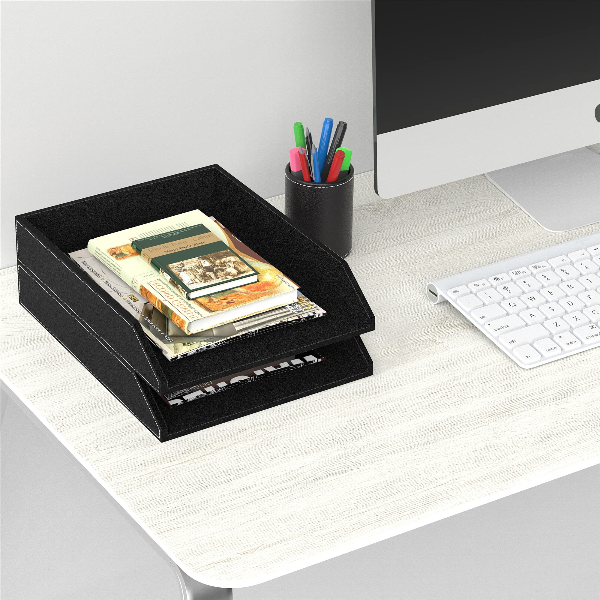 Leather Letter Tray, Thipoten Stackable Desk Organizer Holder for Office Supplies, Paper, File, Magazine, Perfect Office Organization for Desktop (Black-2Tiers)