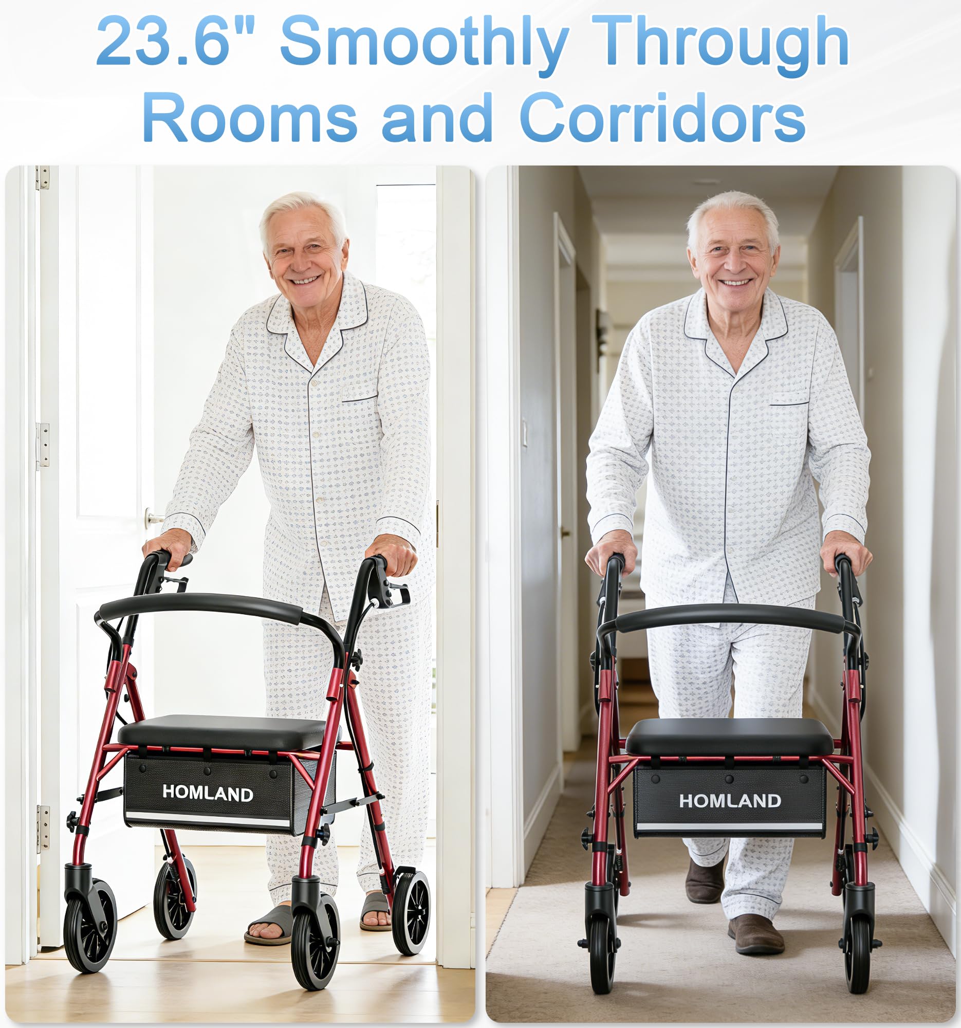 16 Pounds Lightweight Walkers for Seniors with Seat, Narrow Rolling Walker with 4 Puncture-Resistant Wheels, 5-Level Height Adjustable, 300 lbs Weight Capacity (Red)