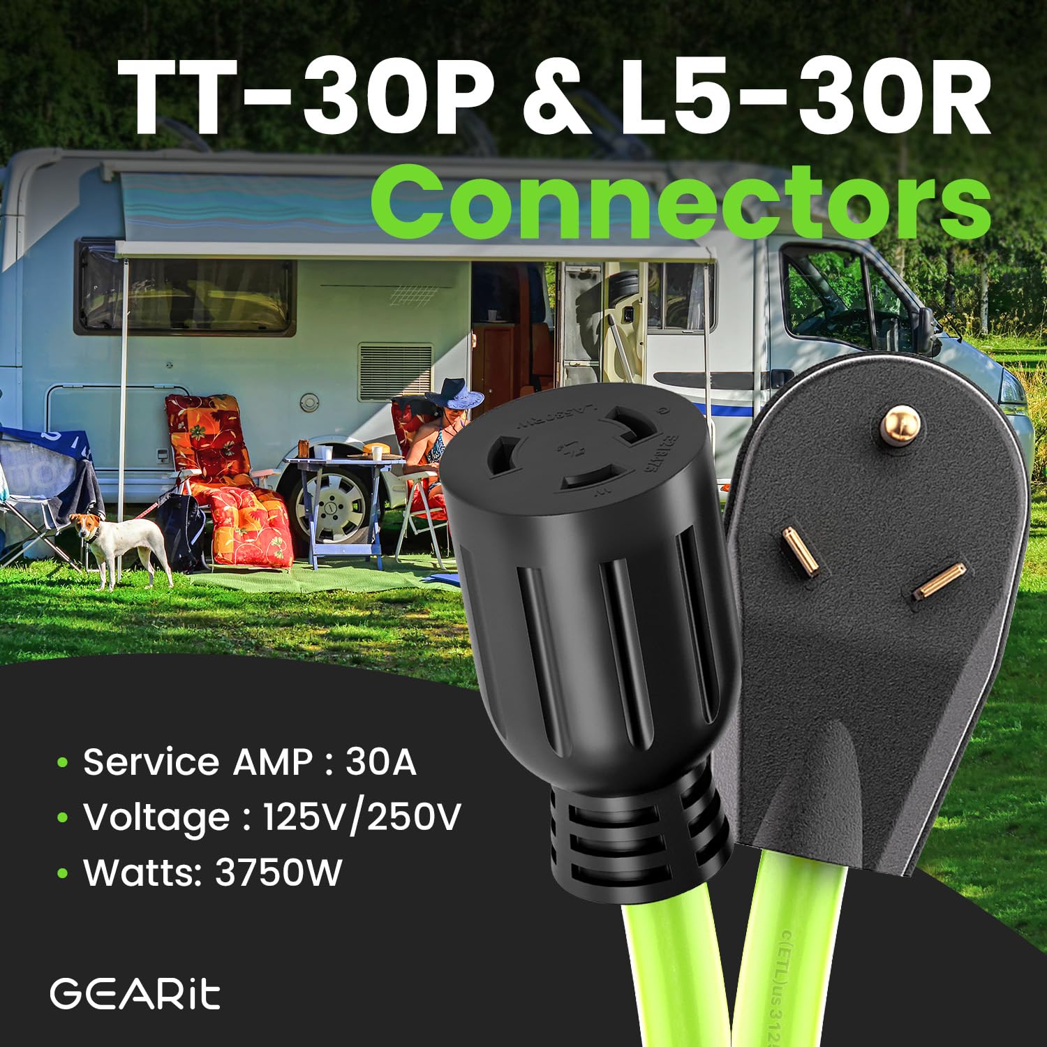 30 Amp RV Extension Cord, GEARit (25 Feet) 3-Prong 125/250-Volt 10/3 STW 10AWG Gauge SJTW Locking Cable, NEMA TT-30P to L5-30R, RV Outdoor Camper Trailer Portable Generator Power Cord- 25ft