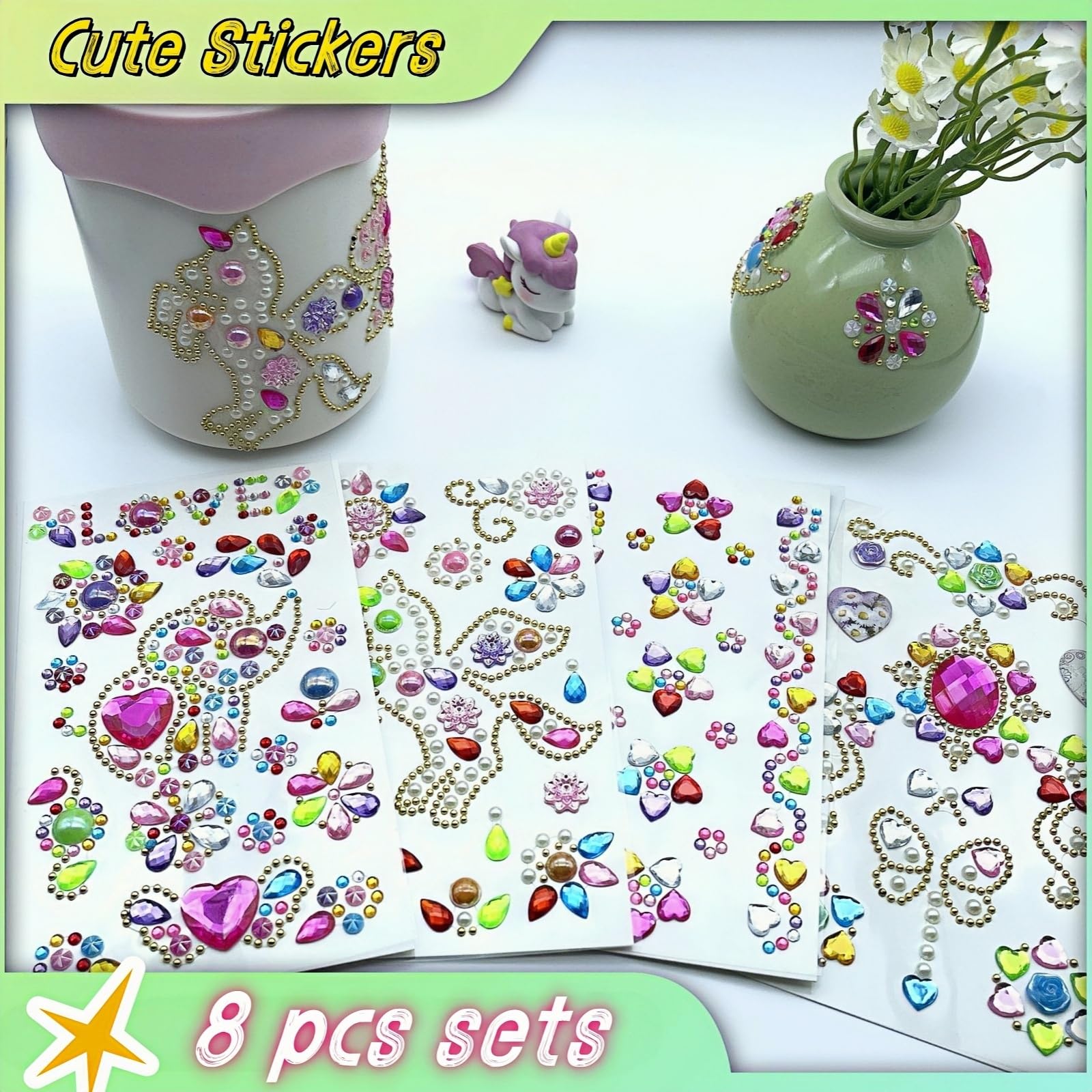 210Pcs+ Cute Reusable Stickers for Kids, Fun Glitter Gem Heart Art Stickers Bulk for Water Bottle, Happy Birthday, Prizes for Kids Classroom, Puffy Stickers for Toddlers Girls, Laptop Small Stickers