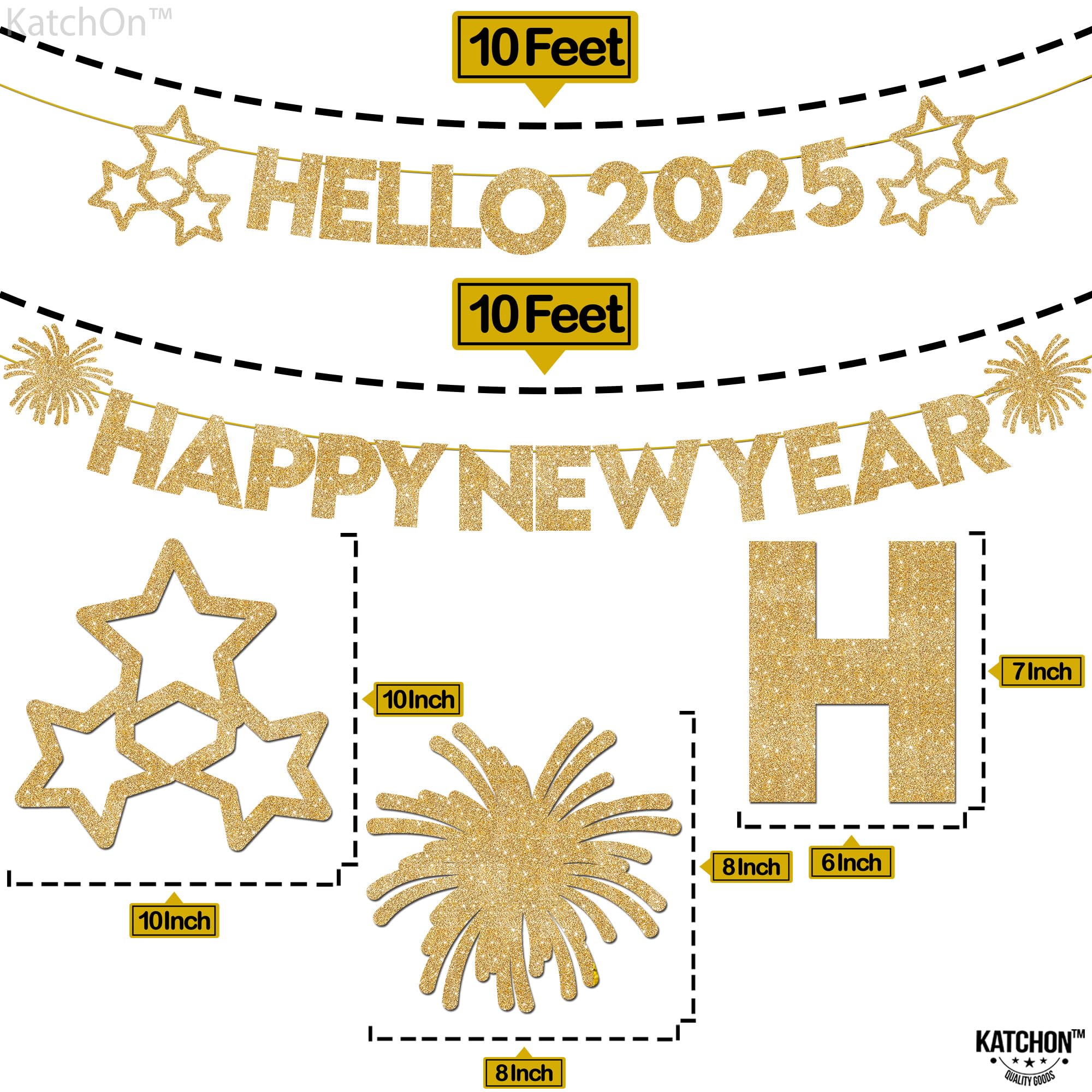 KatchOn, Happy New Year Banner - 10 Feet, No DIY | Hello 2025 Banner for Happy New Year Decorations 2025 | NYE Banner, New Years Banner | New Years Eve Party Supplies 2025 | NYE Decorations 2025