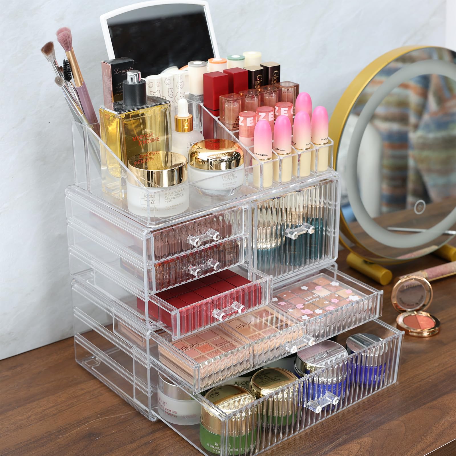 3 Pack Stackable Clear Make up Organizers for Vanity - WIth 6 drawers and 1 Removable Mirror- Hair Accessory and Cosmetic Storage Organizer for Beauty,Brush,Lipstick,Make up Holder Skincare Organizer