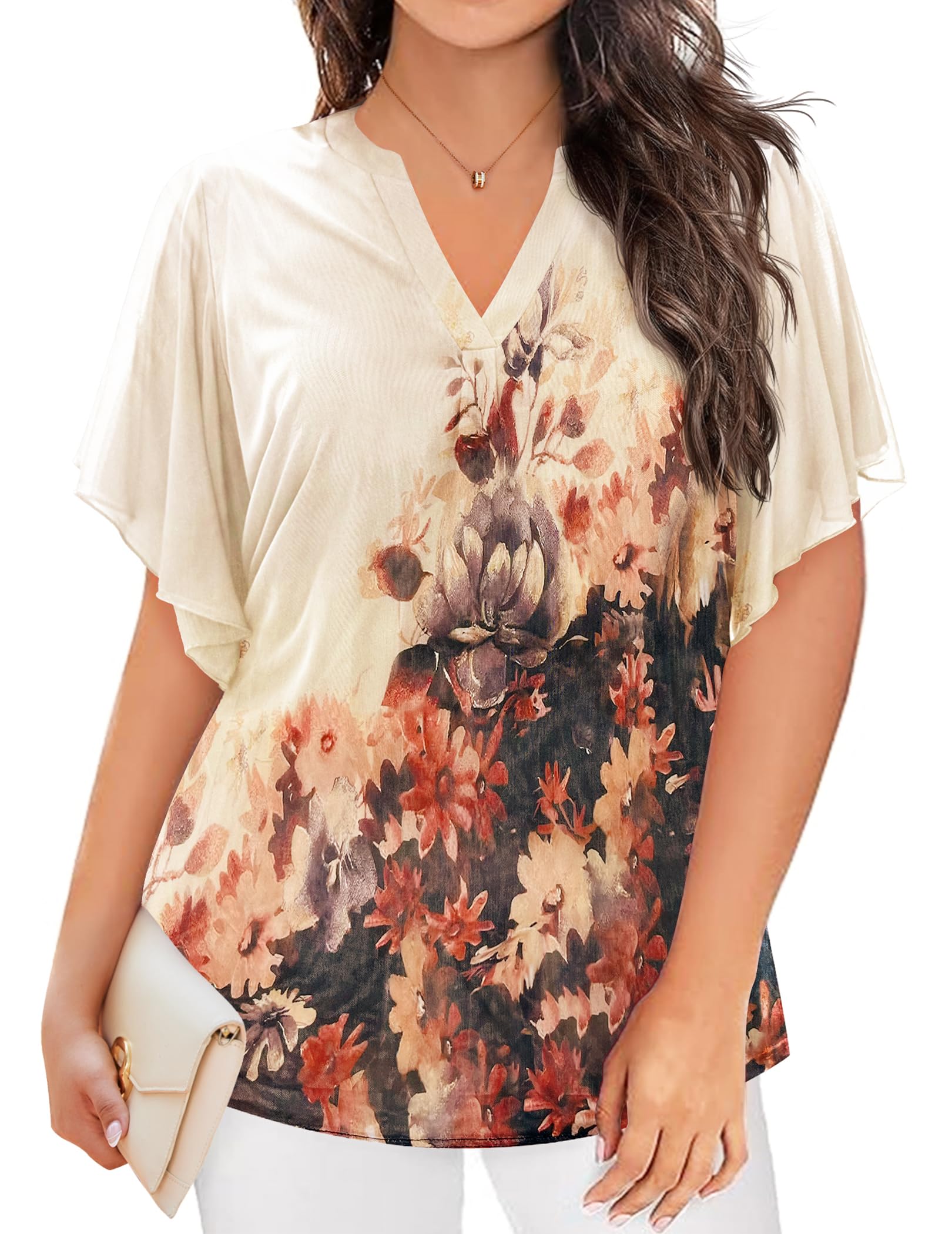 IN'VOLAND Plus Size Short Sleeve Tops for Women Ruffle V Neck Mesh Blouses Flowy Shirt Floral Double Layers Tunics 22W