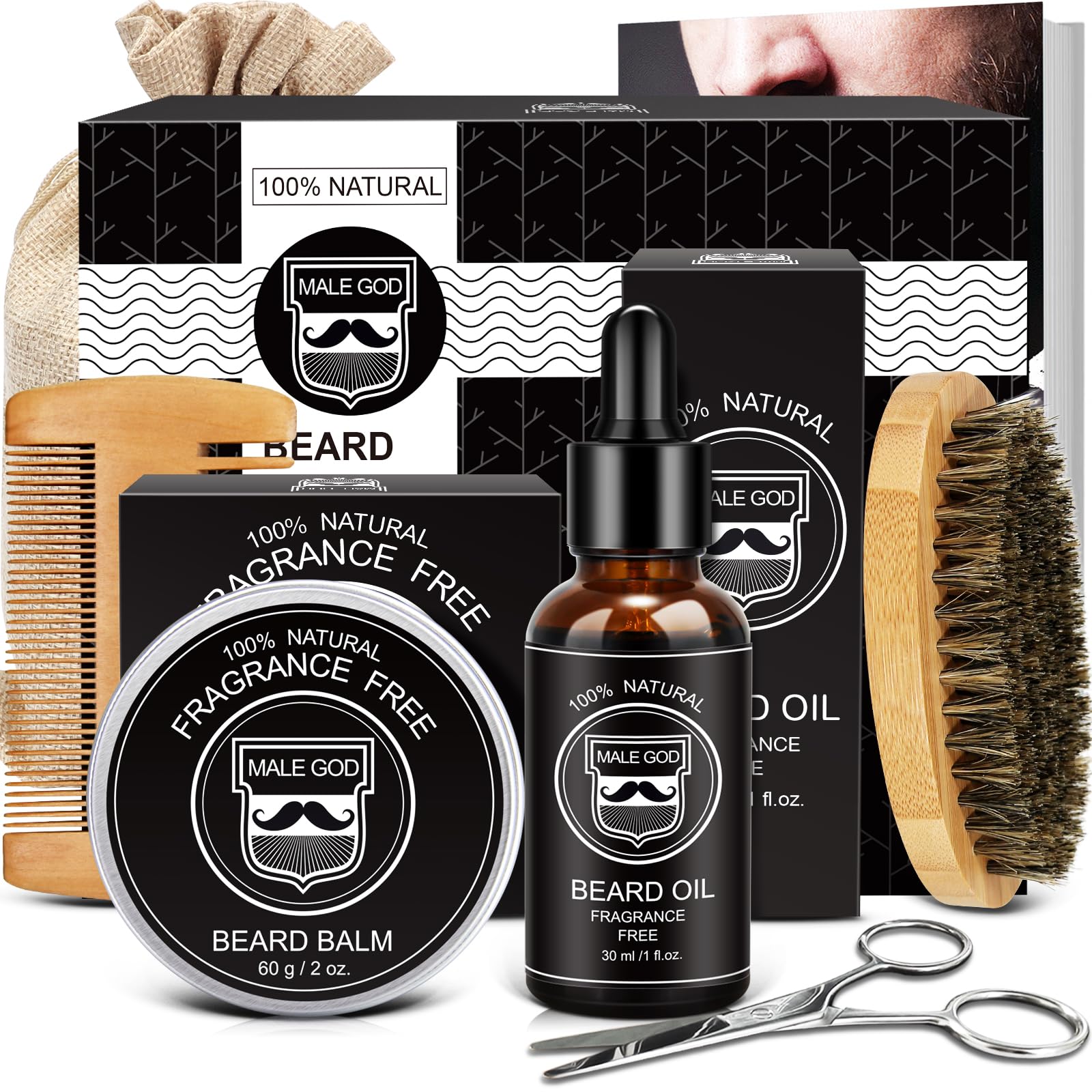 MALE GOD Stocking Stuffers for Men,Beard Kit with Beard Comb, Brush, Oil, Balm, Scissors, Beauty Gift Sets for Him, Birthday & Christmas Gifts for Men, Him, Boyfriend, Husband, Son, Friend, Dad