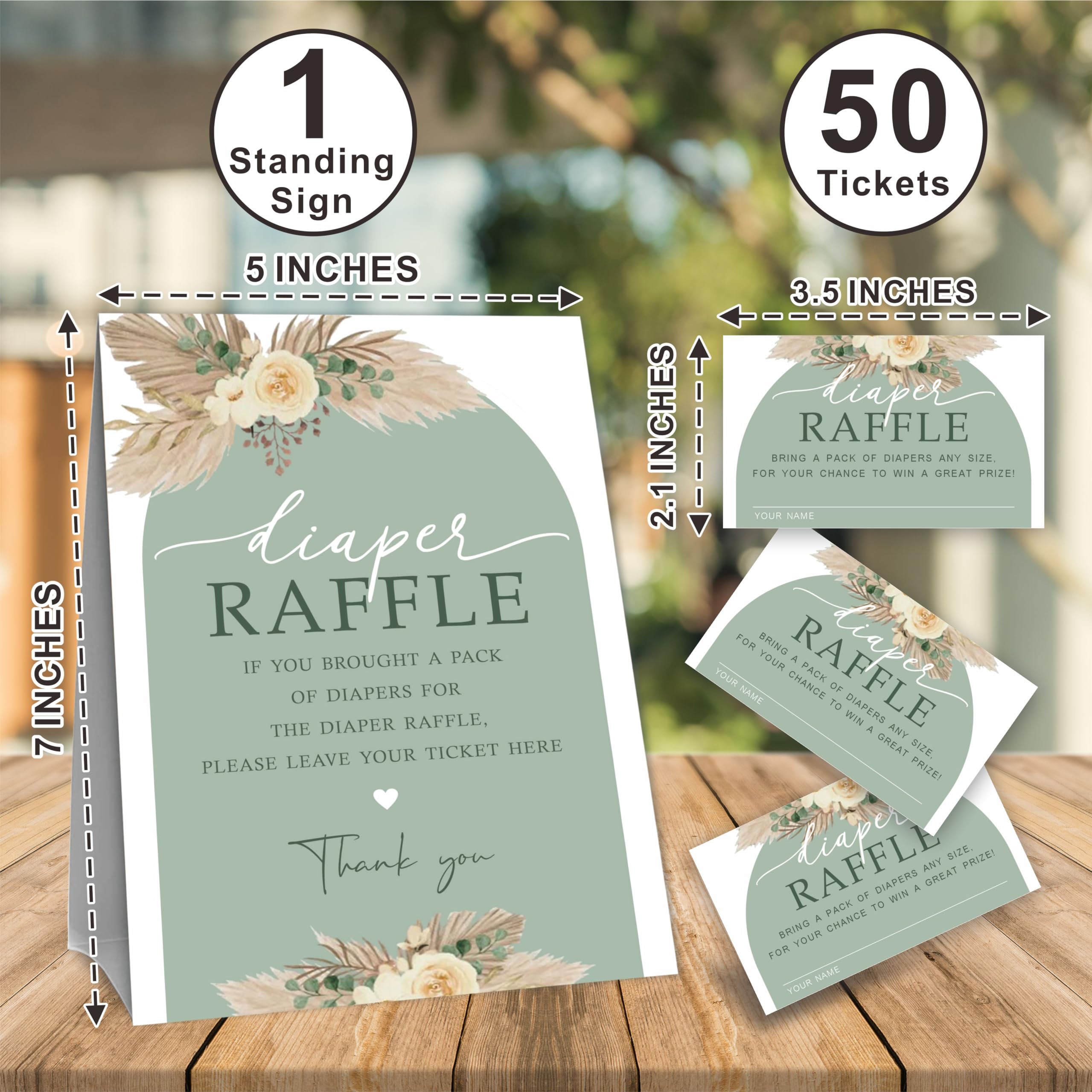 Diaper Raffle Game Kit For Baby shower, 50 Boho Arch Floral Tickets & 1 Standing Sign, Decoration For Baby Shower, Gender Reveal, Activity Supplies - A02