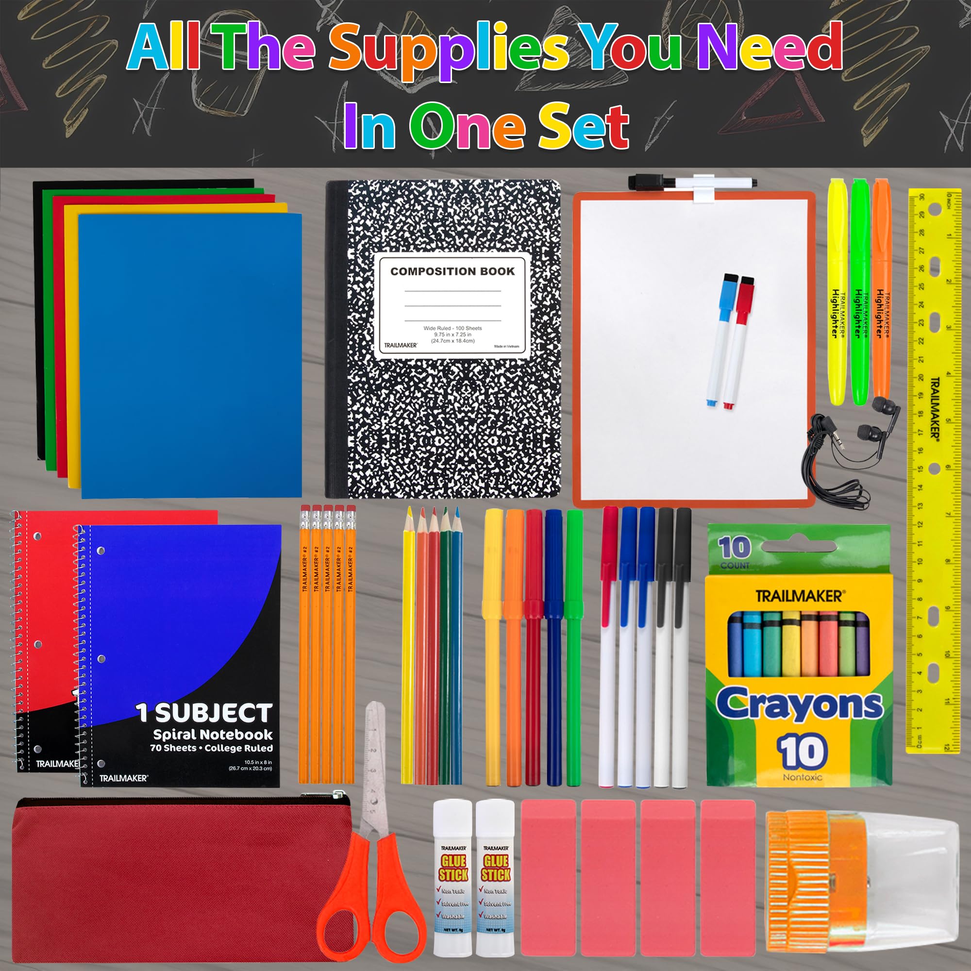 Trail maker Back to School Supplies 60 Piece Bundle Kit for Girls, Boys, Kids, Back to School Supply Box Bundle Kit Includes Notebooks, Folders, Composition Book, Headphones, Ruler, and More