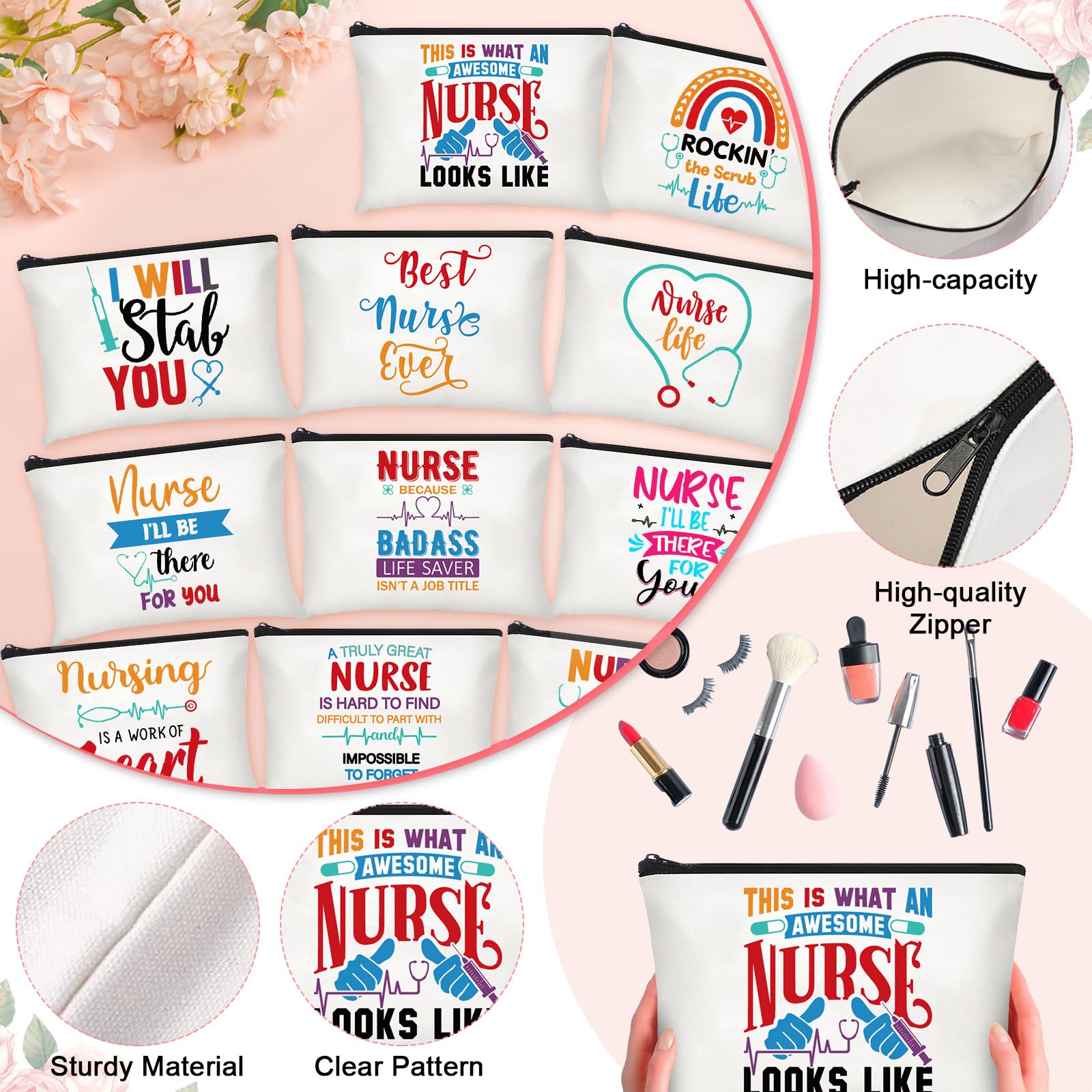 Funnymoom 36 Pcs Nurse Appreciation Gift Set RN Nurse Christmas Gifts Includes 12 Pcs 16 oz Nurse Glass Cups with Lid Straw Cosmetic Bag Keychains Nurse Gifts for Nursing Graduation(Cool Style)