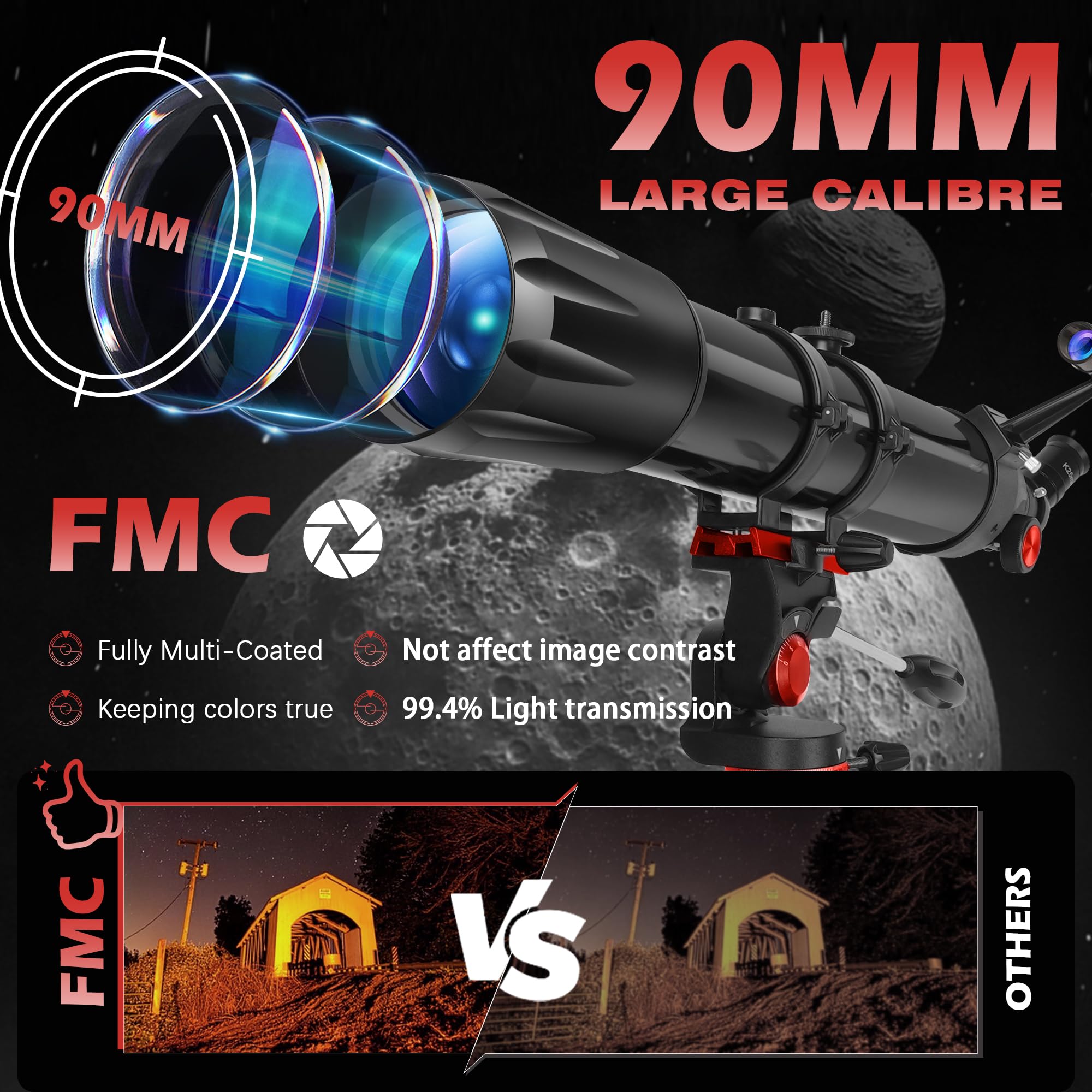 Telescope,Telescope for Adults High Powered, 90mm Aperture 900mm Professional Refractor Telescope for Kids & Beginners, Magnification 450X, for Planet Observation with Stainless Tripod & Phone Adapter