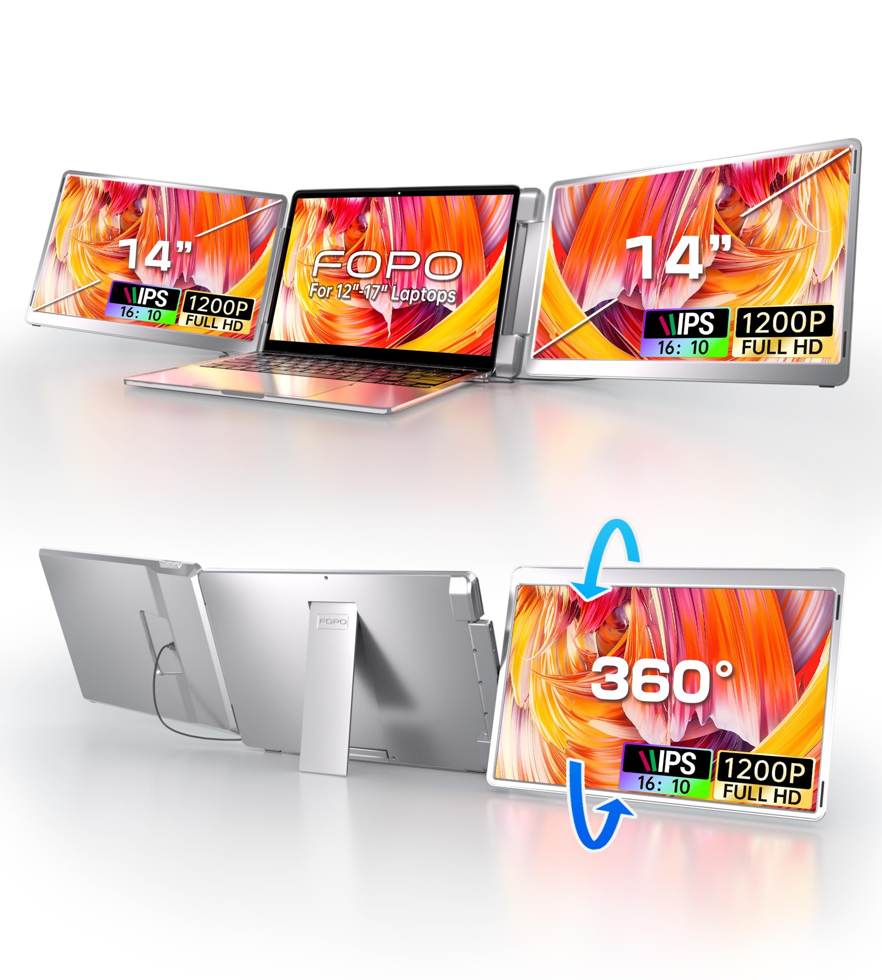 FOPO 14" Triple Monitor Laptop Screen Extender- FHD 1200P 16:10 Laptop Screen Extender, Left Screen 360° Flip Portable Monitor for 12-16.5" Laptops with HDMI/USB-C, Plug & Play - S7