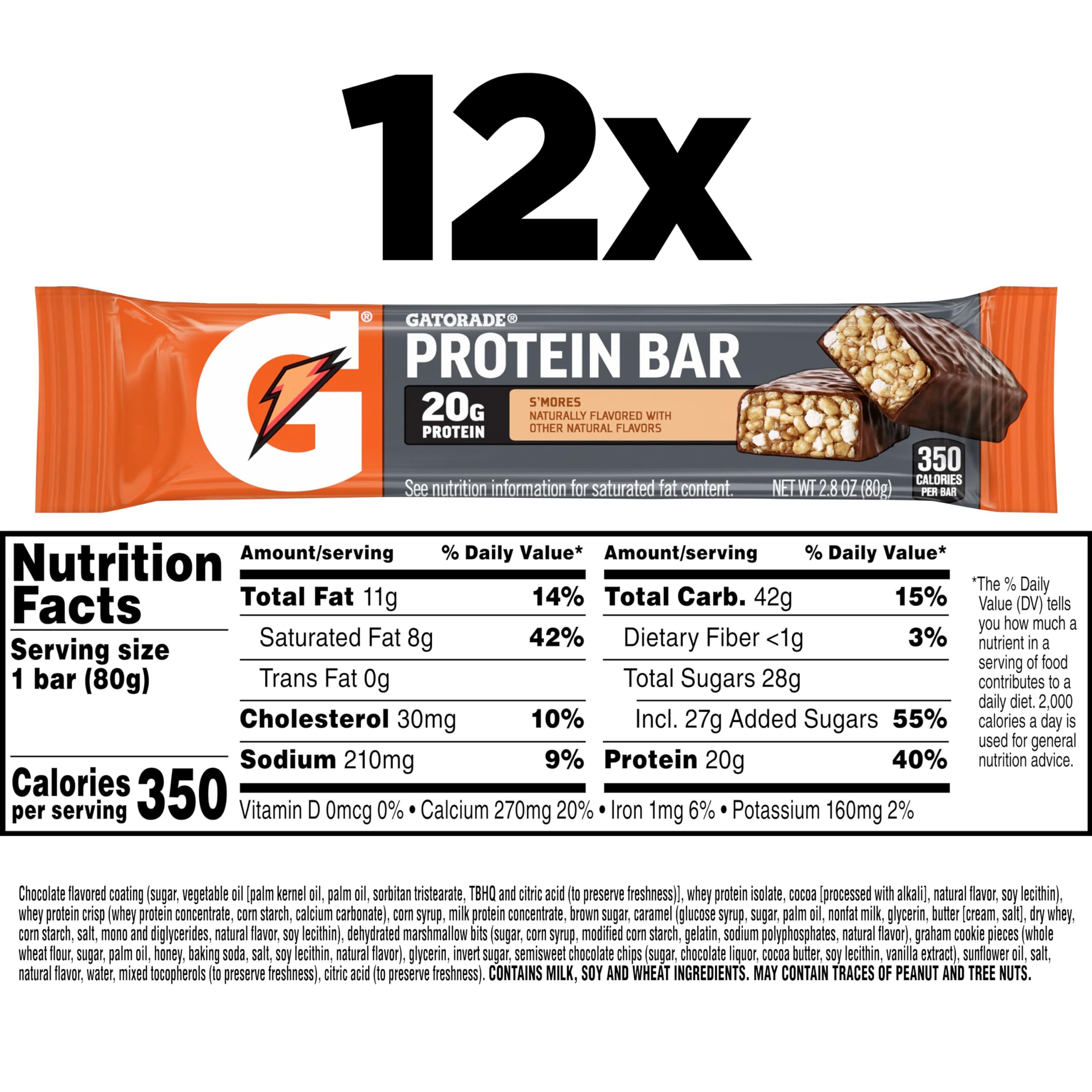 Gatorade Whey Protein Recover Bars, S'mores, 12 Count(Pack of 1)