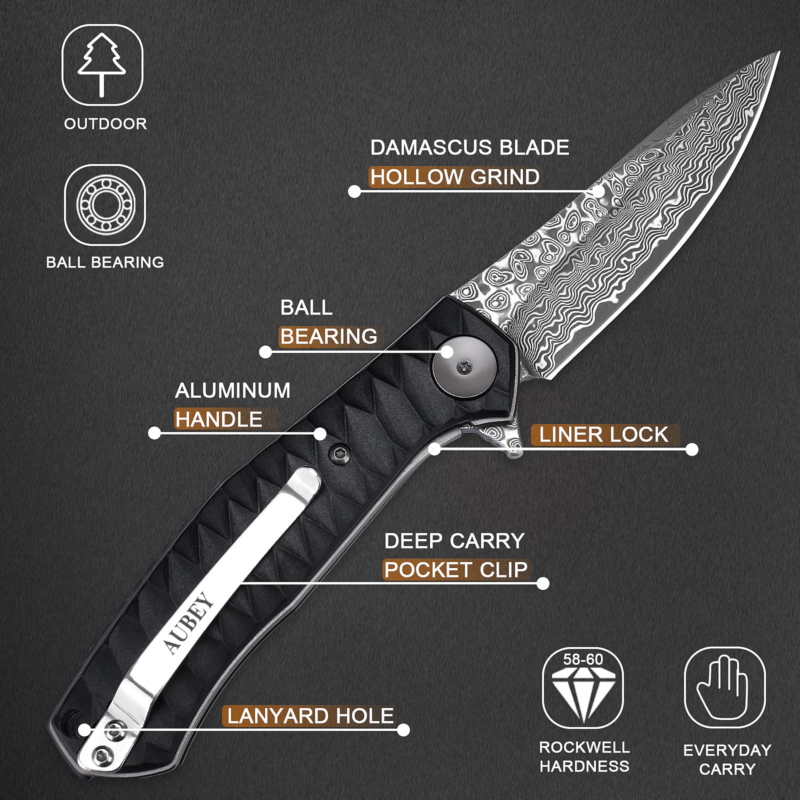 AUBEY Damascus Pocket Knife for Men with Clip EDC, 3.23" VG10 Core Damascus Steel Blade Folding Knife with Black Aluminum Handle, Sharp Camping Knife