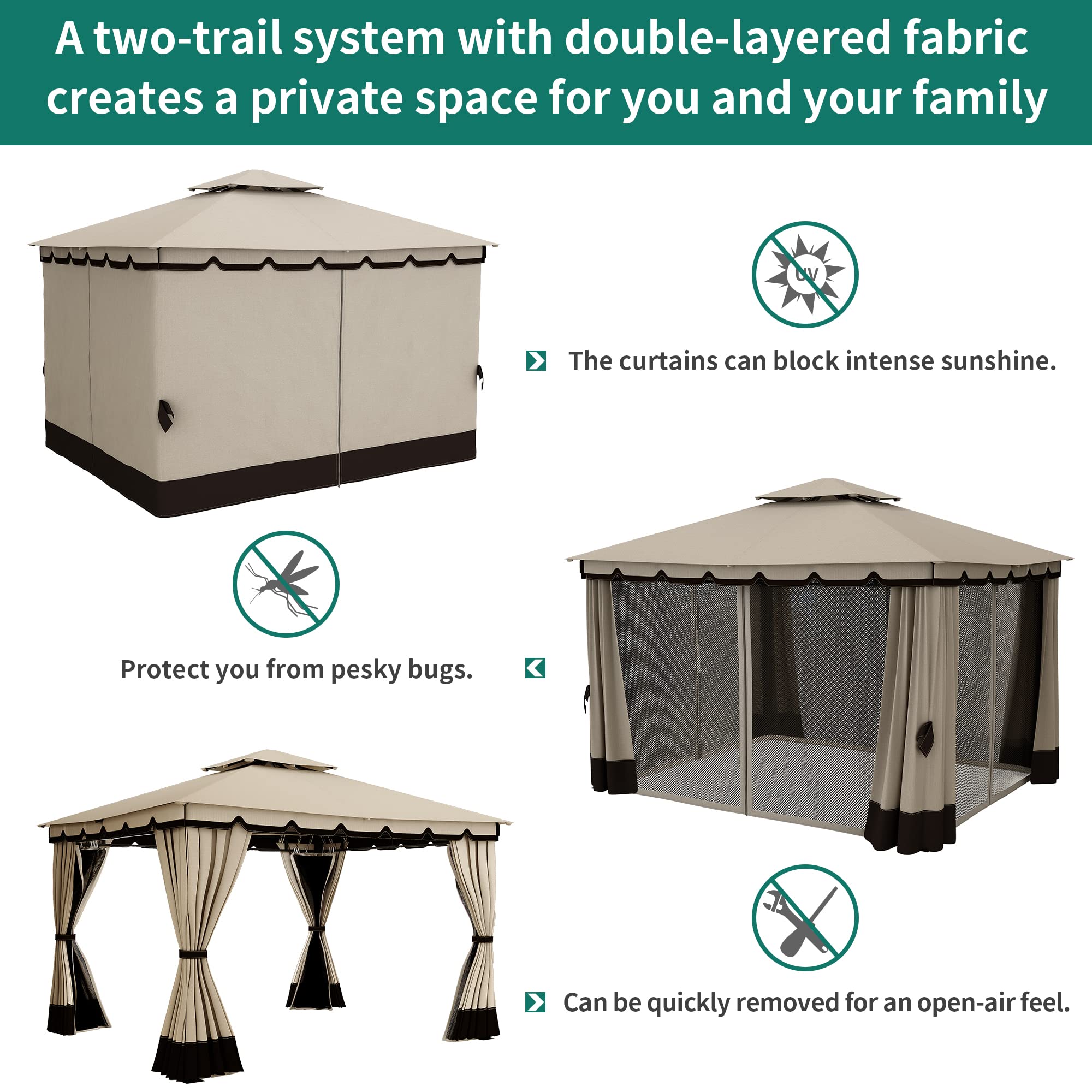 YITAHOME 10x12ft Gazebo for Patios Outdoor Double Roof Canopy Gazebo with Netting & Curtains, Soft Fabric Top Garden Winds Tent with Steel Frame for Lawn, Garden, Backyard and Deck (Khaki)