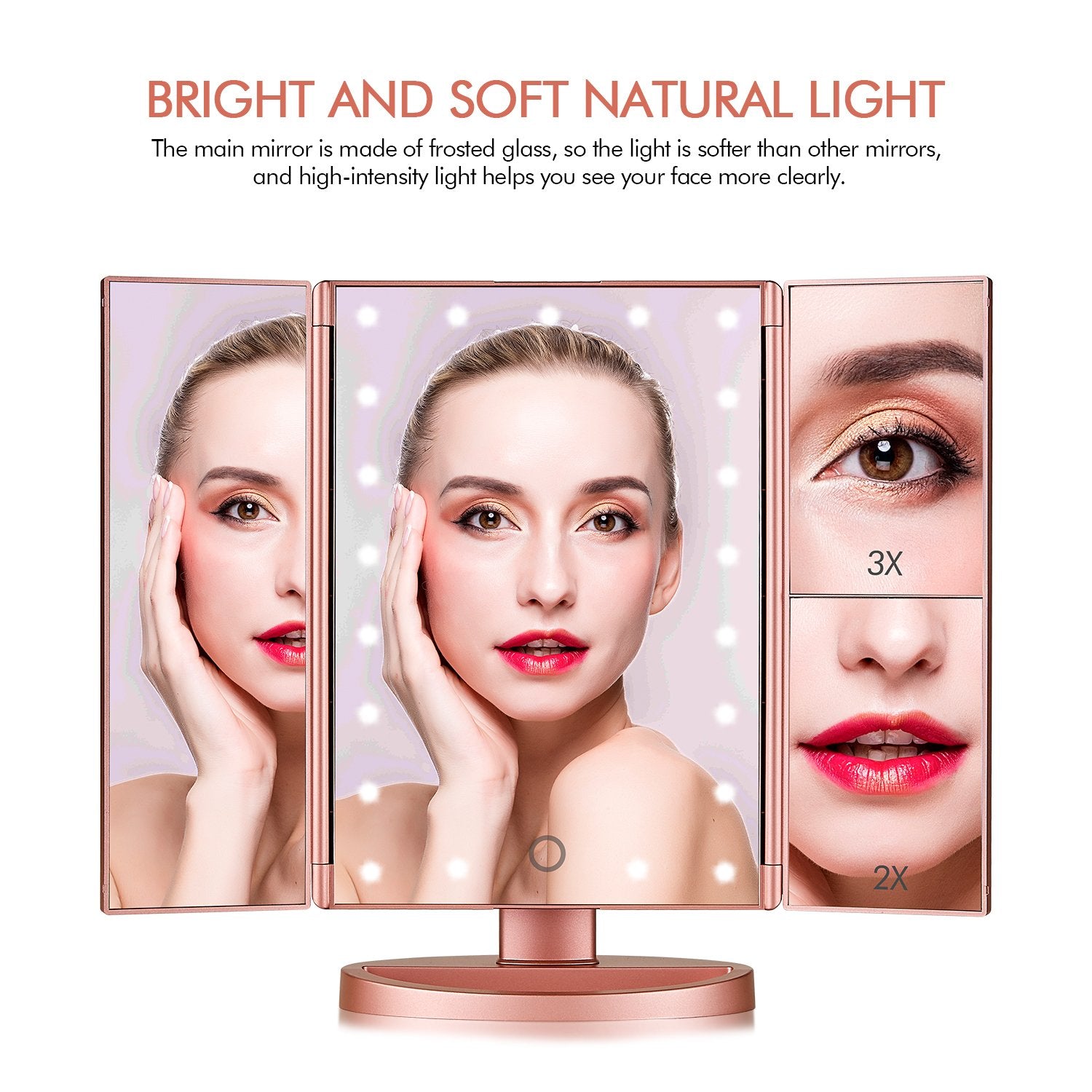 Flymiro Tri-fold Lighted Vanity Makeup Mirror with 3x/2x Magnification,21 LEDs Light and Touch Screen,180 Degree Free Rotation Countertop Cosmetic Mirror,Travel (Rose Gold)