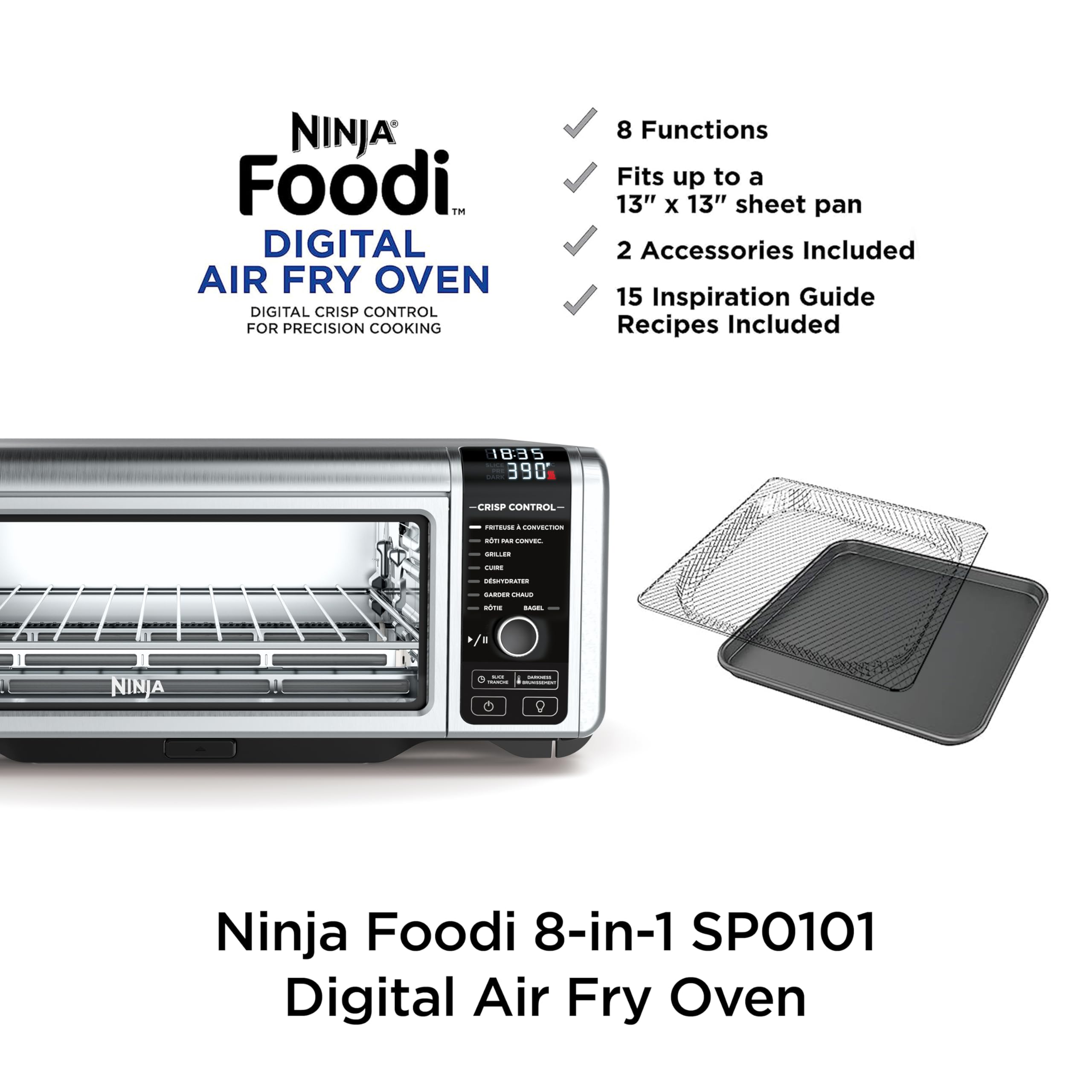 Ninja SP101 Digital Air Fry Countertop Oven with 8-in-1 Functionality, Flip Up & Away Capability for Storage Space, with Air Fry Basket, Wire Rack & Crumb Tray, Silver