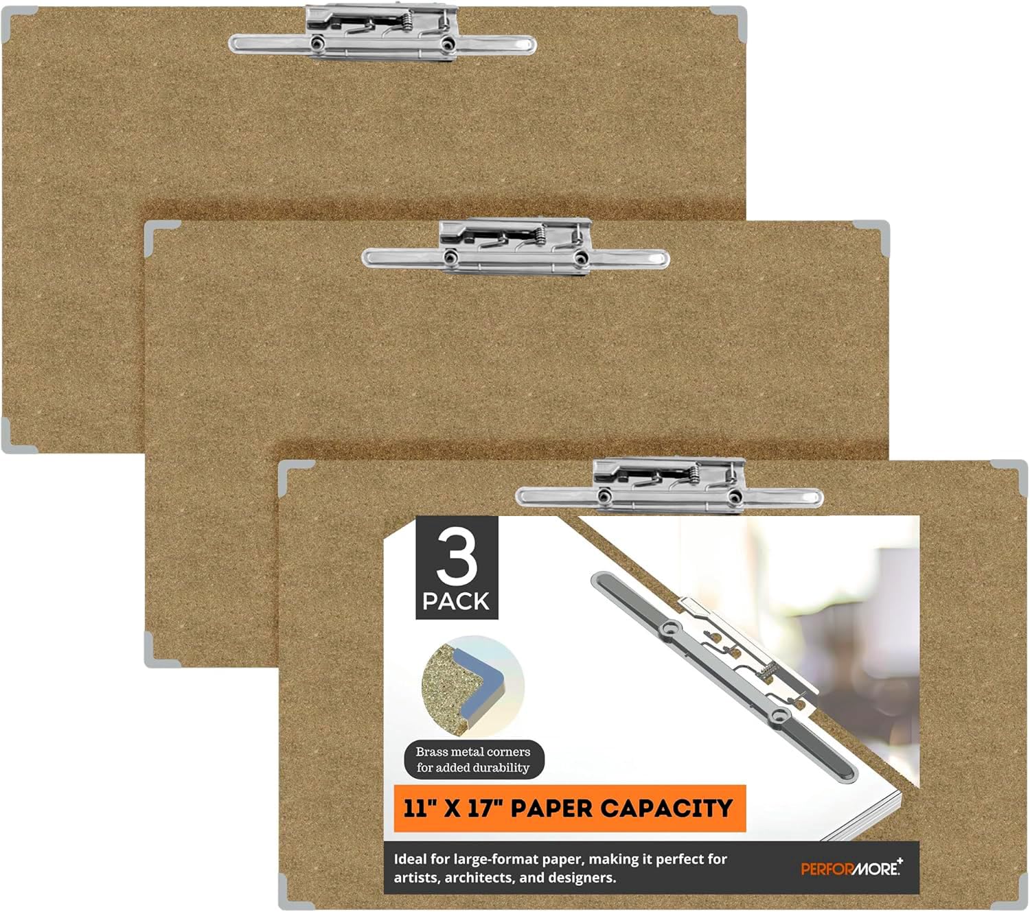 Performore Oversized 11x19 Clipboard 3-Pack | Fits 11x17 Ledger Paper | Eco-Friendly Engineered Wood Writing Boards with Lever Clip & Brass Corners | Dual Orientation for Architects & Classrooms