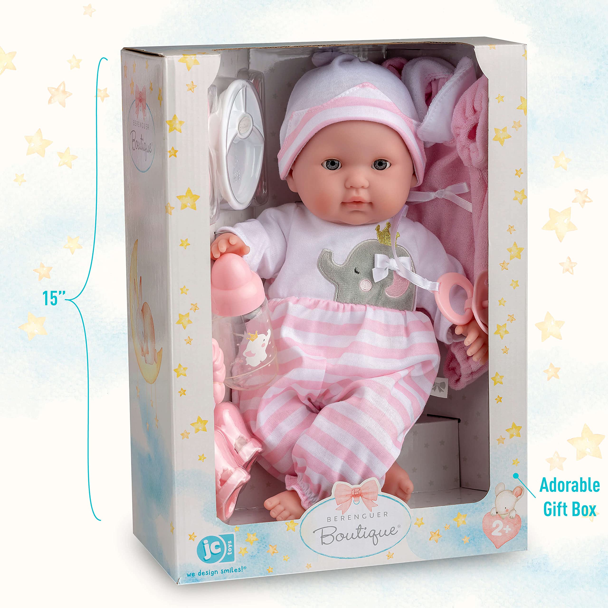 15" Realistic Soft Body Baby Doll with Open/Close Eyes | JC Toys - Berenguer Boutique | 10 Piece Gift Set with Bottle, Rattle, Pacifier & Accessories | Pink | Ages 2+