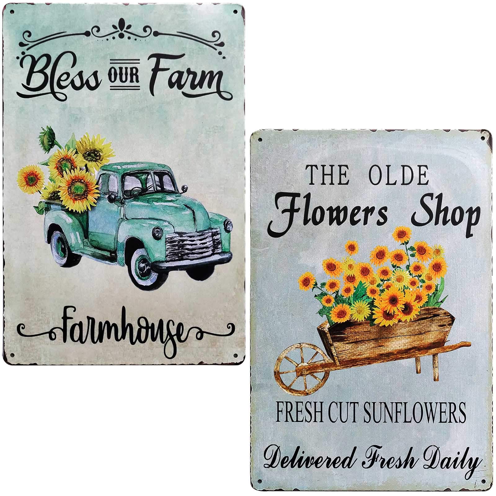 TISOSO Farm The Olde Flowers Shop Fresh Cut Sunflowers Vintage Tin Bar Sign Farmhouse Country Home Decor for Living Room Bedroom Decoration 2Pcs-8X12Inch