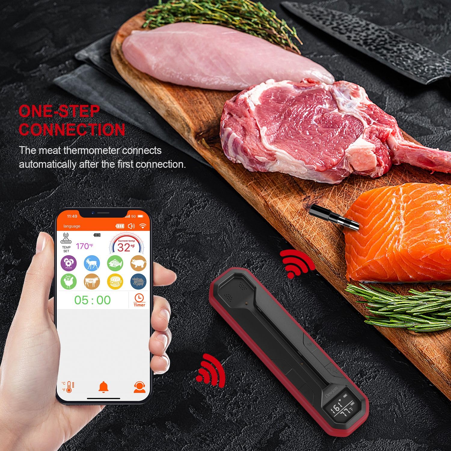 Wireless Meat Thermometer – Digital Cooking Thermometer with Wireless Probe – 500Ft Remote Range Food Thermometer – with iOS & Android Read App -Preprogrammed Temperatures for BBQ, Oven, Grill