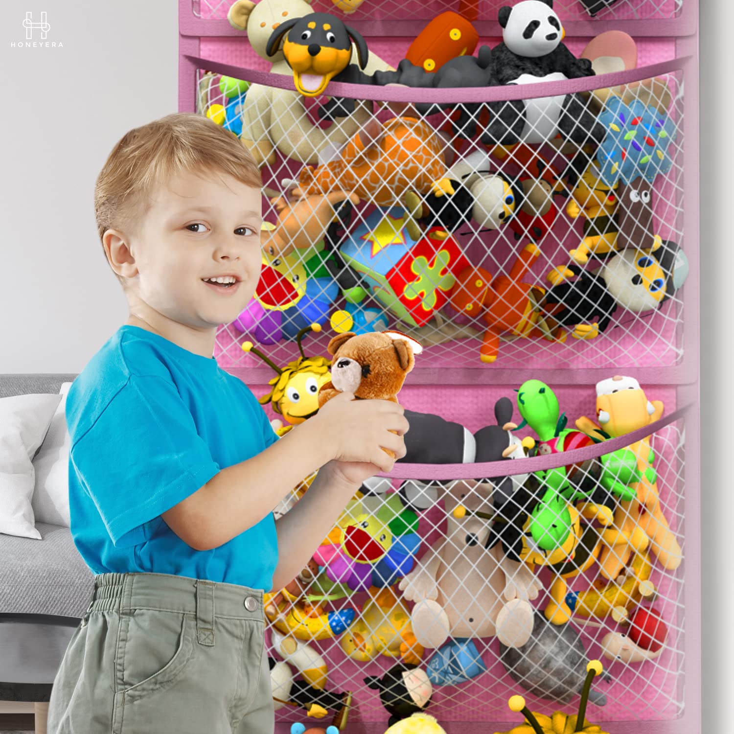Honeyera Enchanting Pink & White Jumbo Pocket Plush Toy Organizers: The Ultimate Stuffed Animal Storage Solution