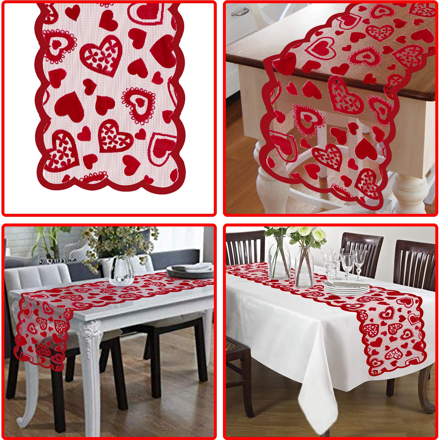 Mosoan Valentines Day Decor Table Runner - 13 x 72 Inch Red Lace Table Runner for Wedding Party, Valentines Decorations - Valentines Day Decor Home Romantic Decorations Heart Shaped Table Runner