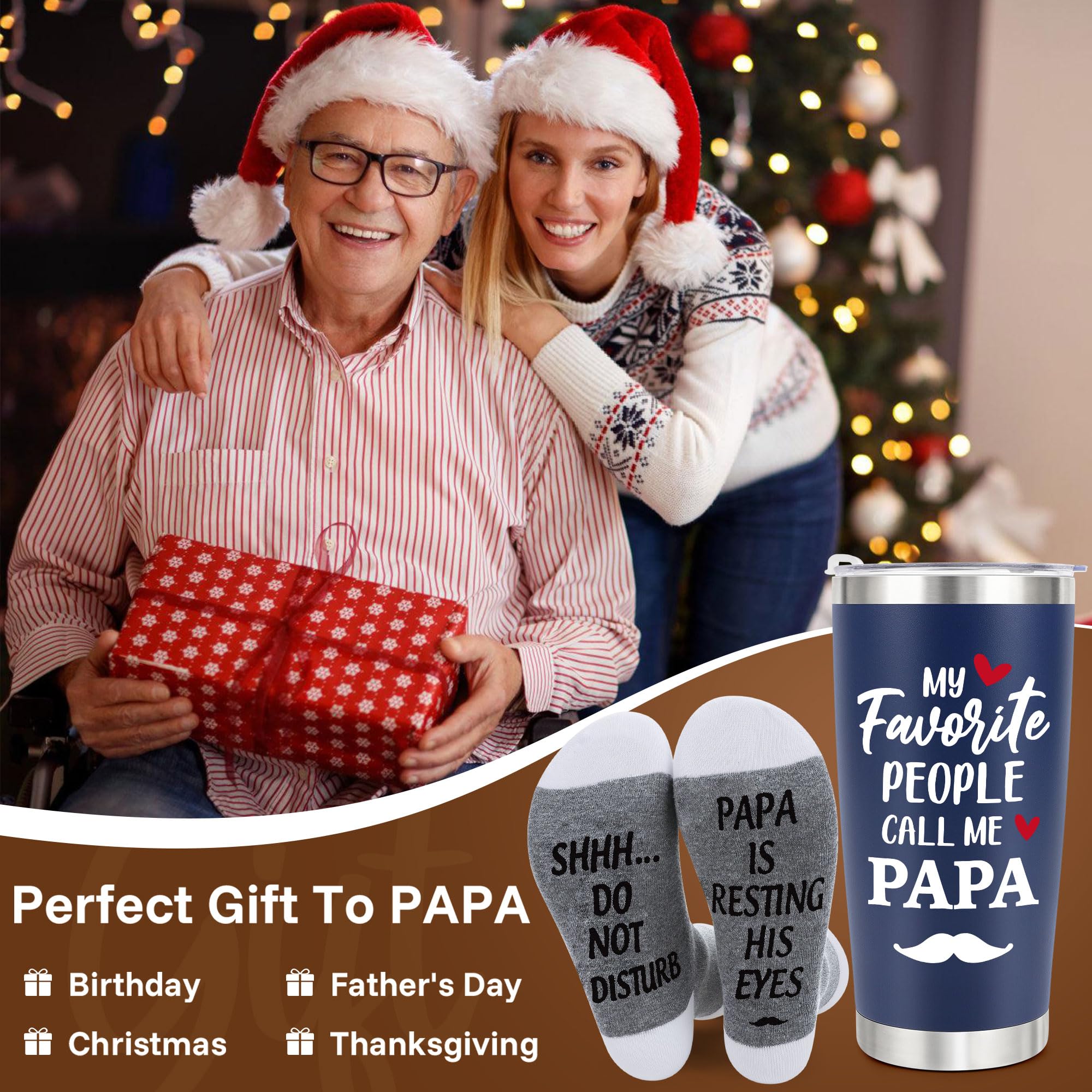 Papa Tumbler Cup Gifts for Grandpa Christmas Gifts from Grandkids, Papa Gifts from Granddaughter Grandson, First Time Grandpa Gifts, Granddad Grandfather Papa Birthday Gift, 20oz Dark Blue Cup & Socks