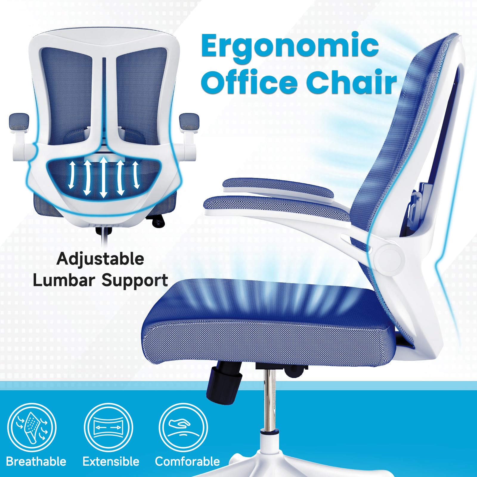 LaoJawBow Ergonomic Office Chair - Comfy Desk Chairs with Wheels and Arms, 400LB Heavy Duty Mesh Computer Chairs with Comfortable Lumbar Back Support for Home Office, Bedroom, Study and College Dorm