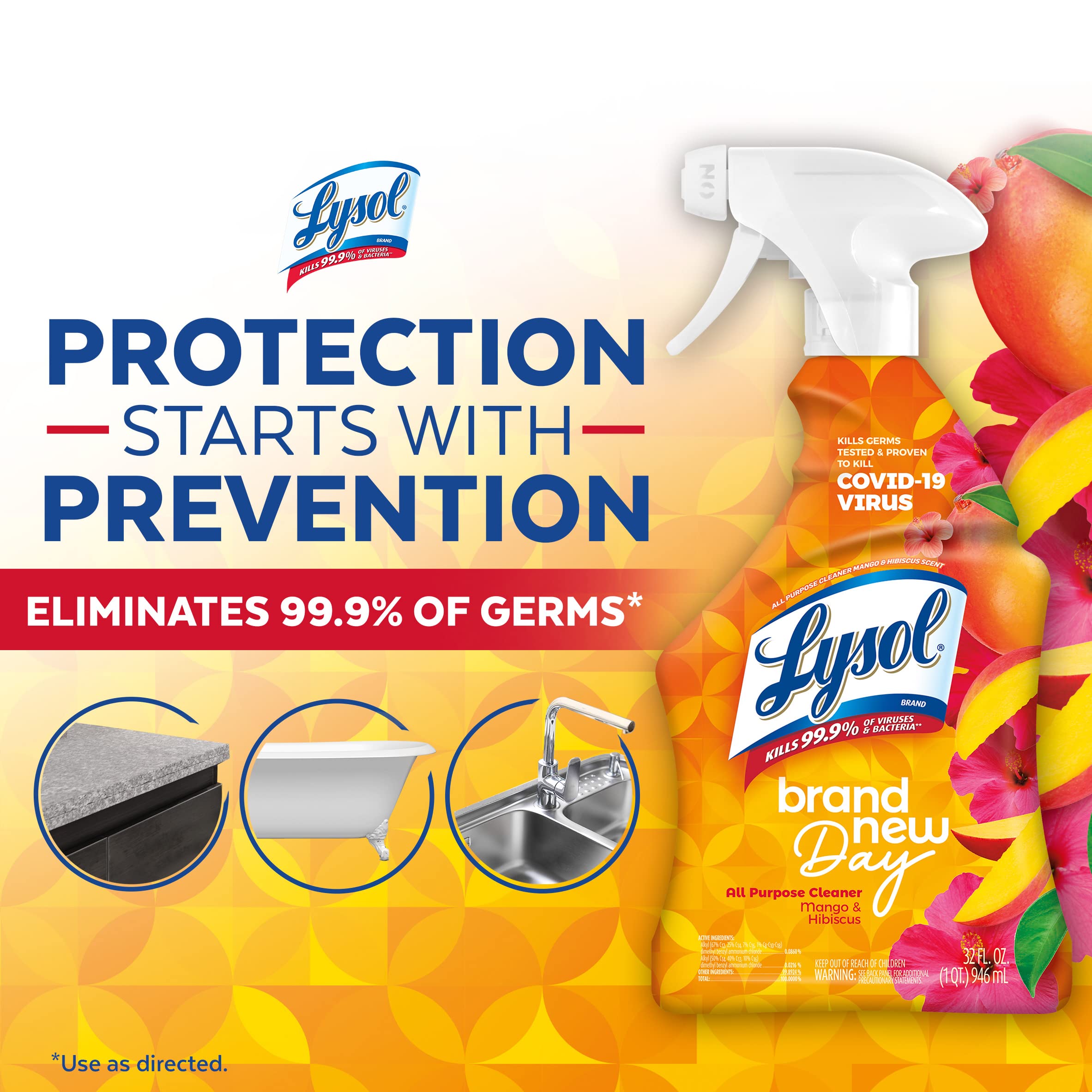 Lysol All-Purpose Cleaner, Sanitizing and Disinfecting Spray, To Clean and Deodorize, Mango & Hibiscus Scent, 32oz