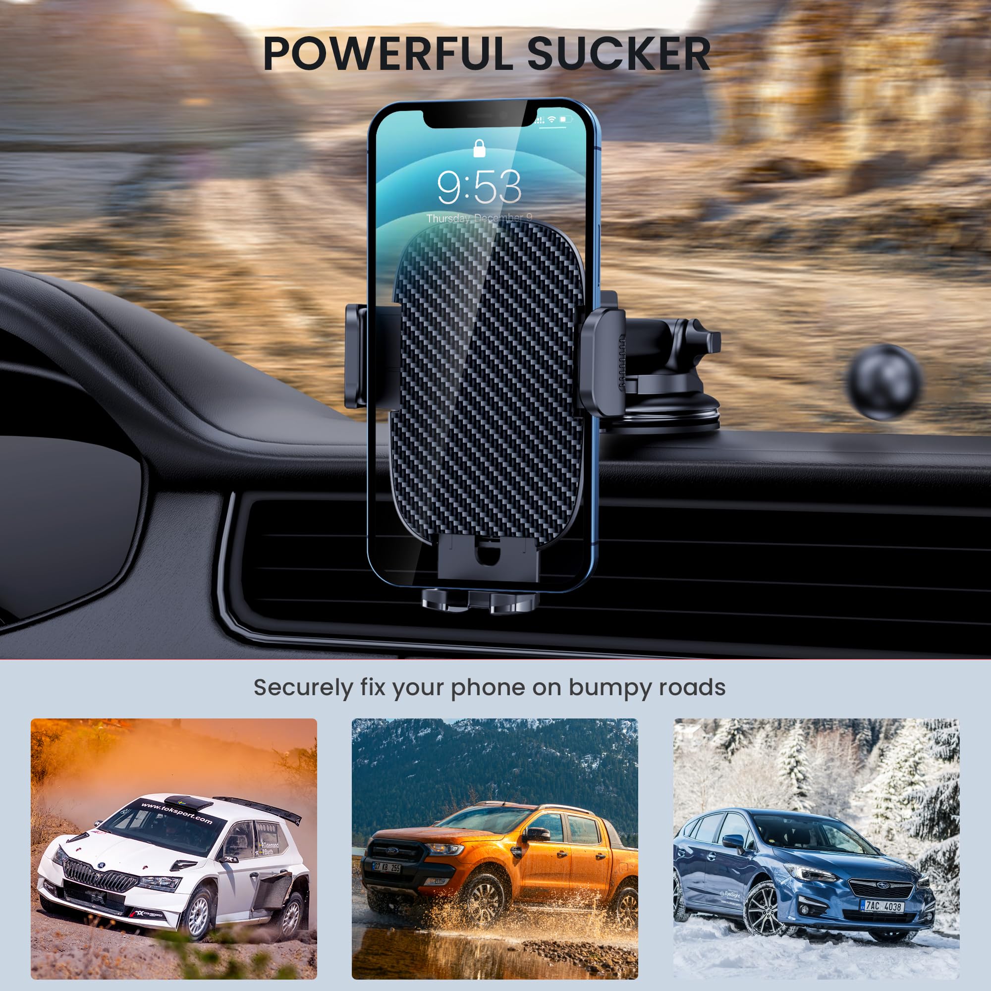 Qifutan Car Phone Holder Mount Phone Mount for Car Windshield Dashboard Air Vent Universal Hands Free Automobile Cell Phone Holder Fit for iPhone Smartphone Carbon Fiber