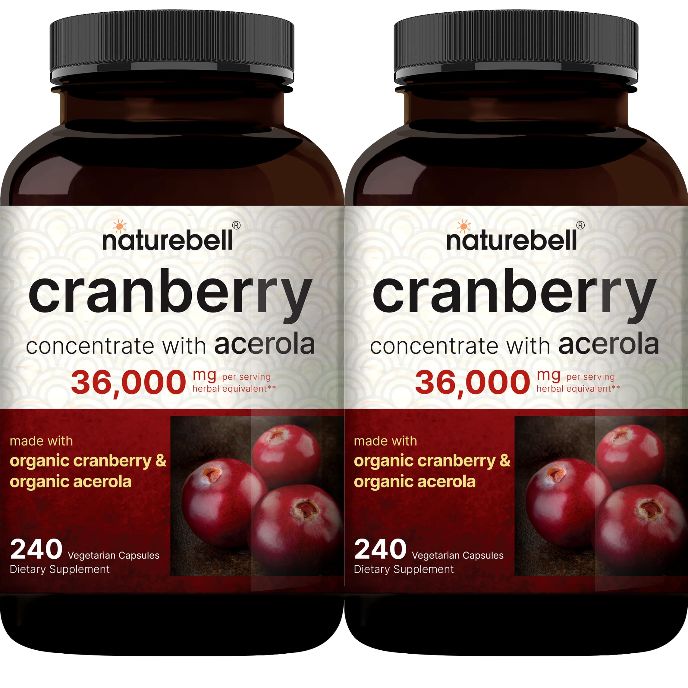 NatureBell 2 Pack Cranberry Pills 36,000mg with Acerola, 480* Veggie Capsules | 100:1 Fresh Cranberries Extract – Organic Ingredients – Supports Urinary Tract Health – Sugar Free