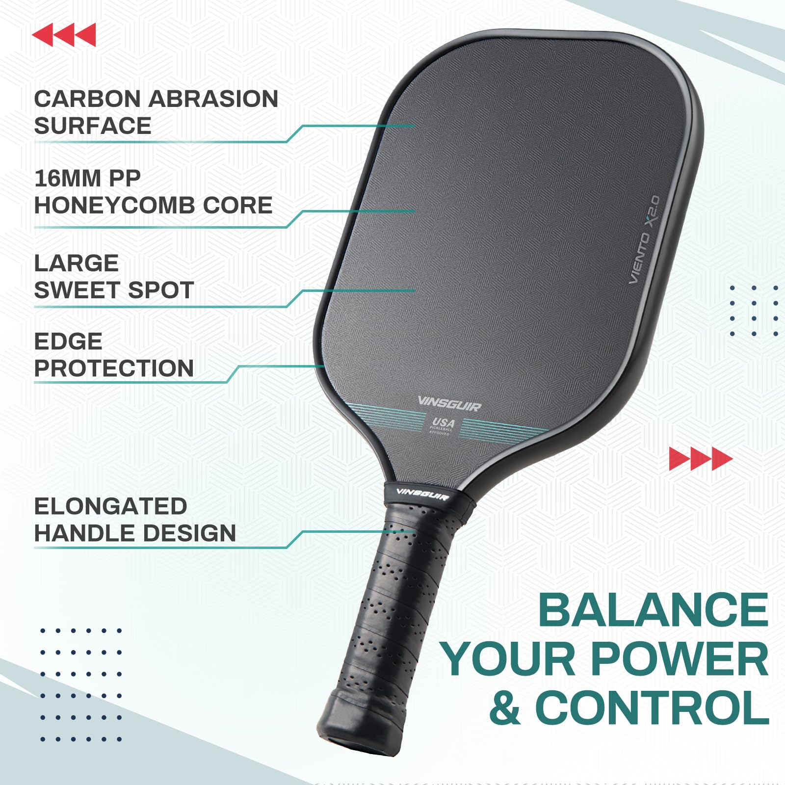 VINSGUIR Pickleball Paddle, 16MM Carbon Fiber Pickleball Paddle with Longer Handle, Elongated Paddle with Grit Face/Raw Carbon Fiber Surface/Thermoformed, Spin & Control Paddles for Advancer