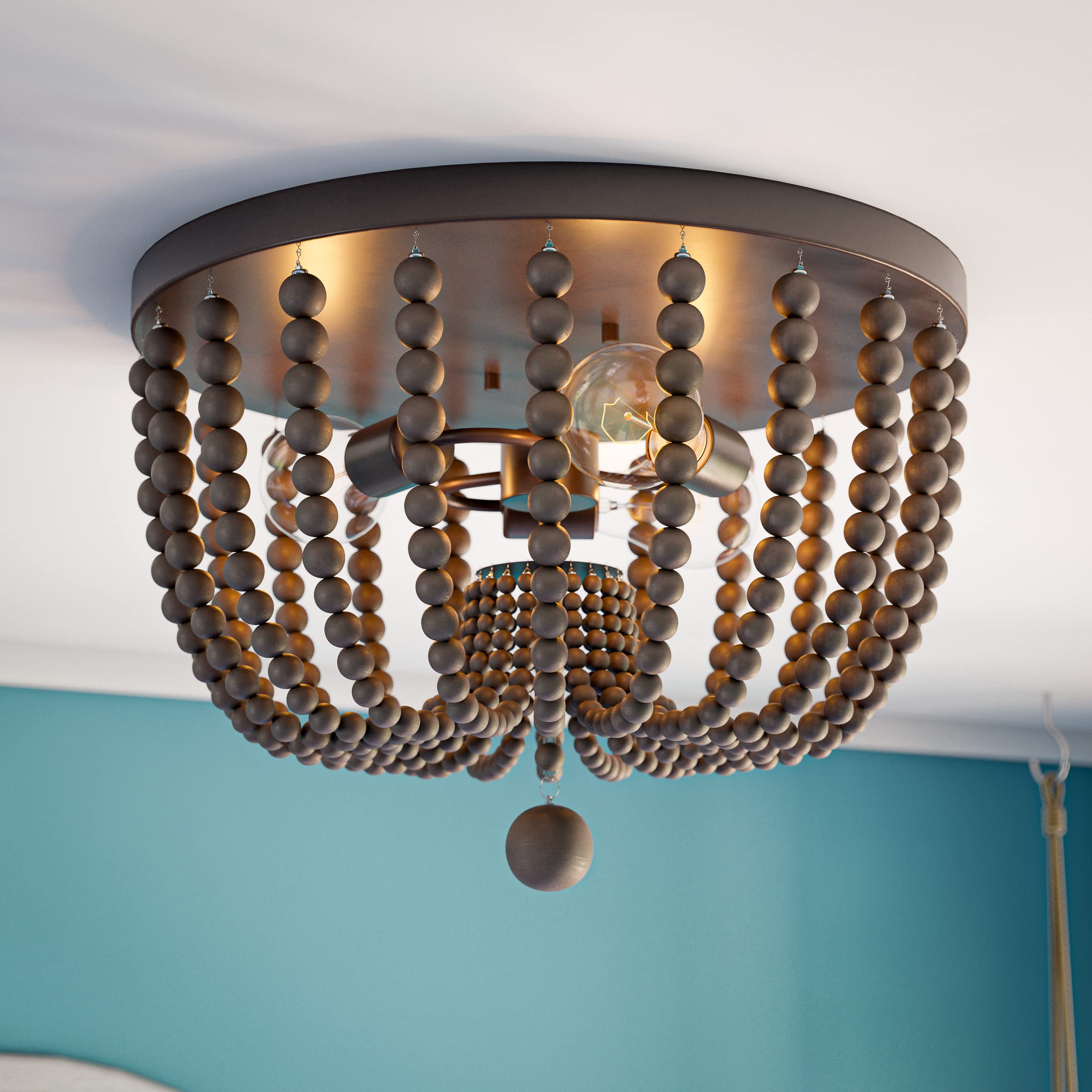 Kenroy Home Casual 3 Light Wood Bead Flush Mount,11 Inch Height, 16 Inch Diameter with Golden Bronze Finish with Gray Wood Beads
