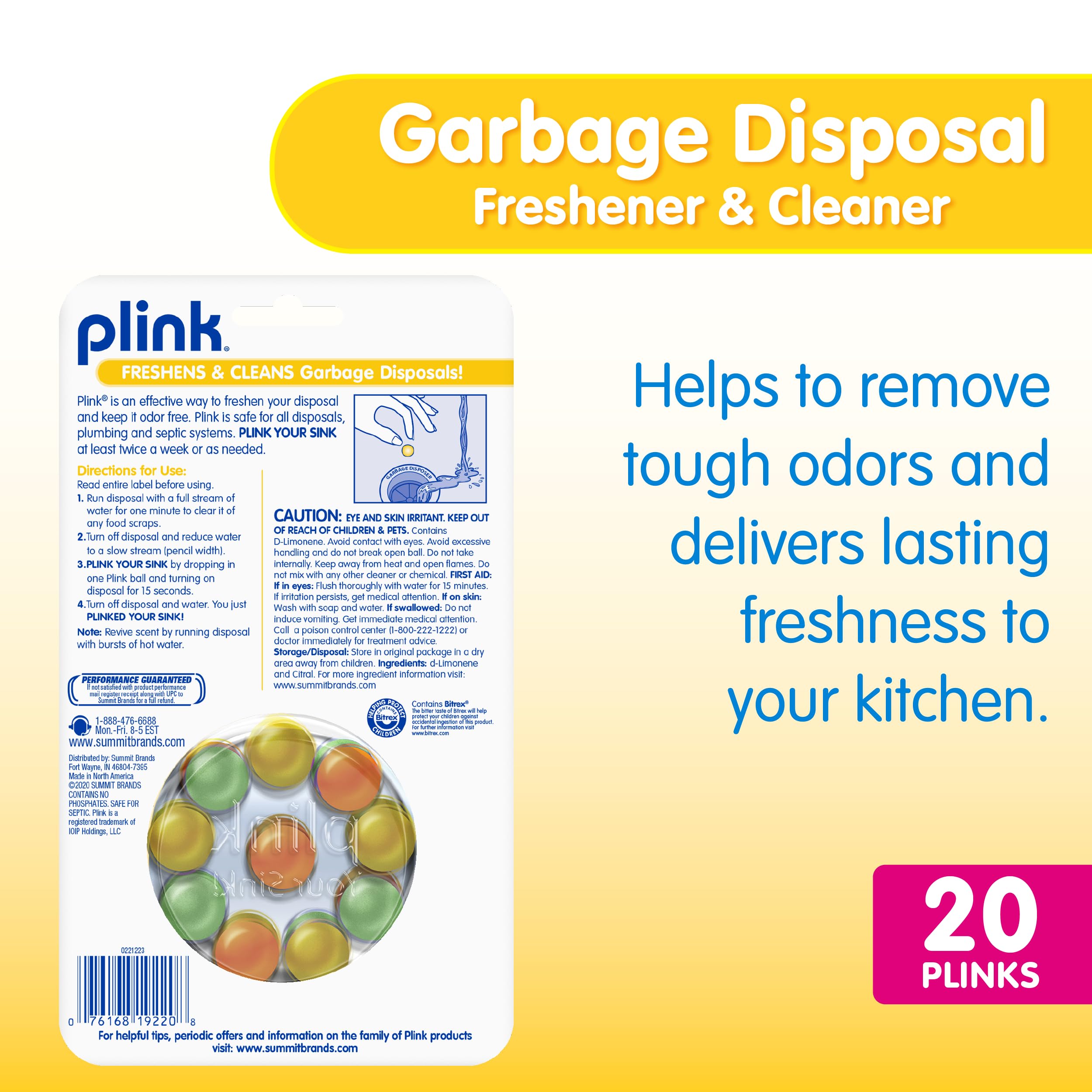 Plink Garbage Disposer Freshener and Cleaner, Sink Disposal Odor Eliminator, Quick and Easy-to-Use Capsules, Septic-Friendly, Citrus Scents, 20 Count Package
