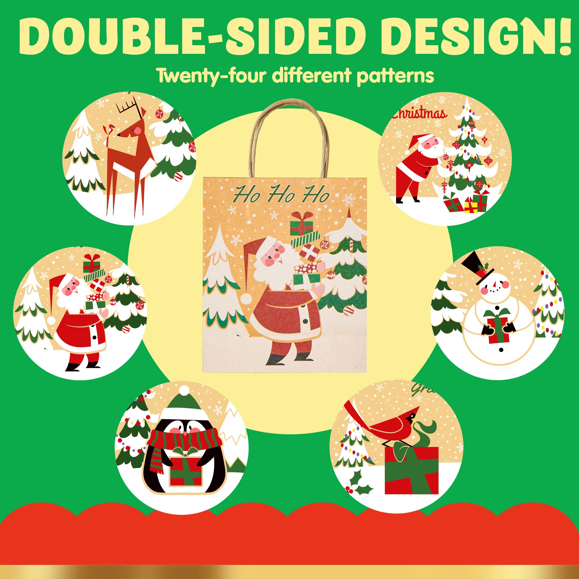 JOYIN 24 PCS Christmas Kraft Gift Bags with Assorted Christmas Prints for Kraft present Bags, Christmas Goody Bags, Xmas Gift Bags, School Classrooms and Party Favors (not included tissue paper)