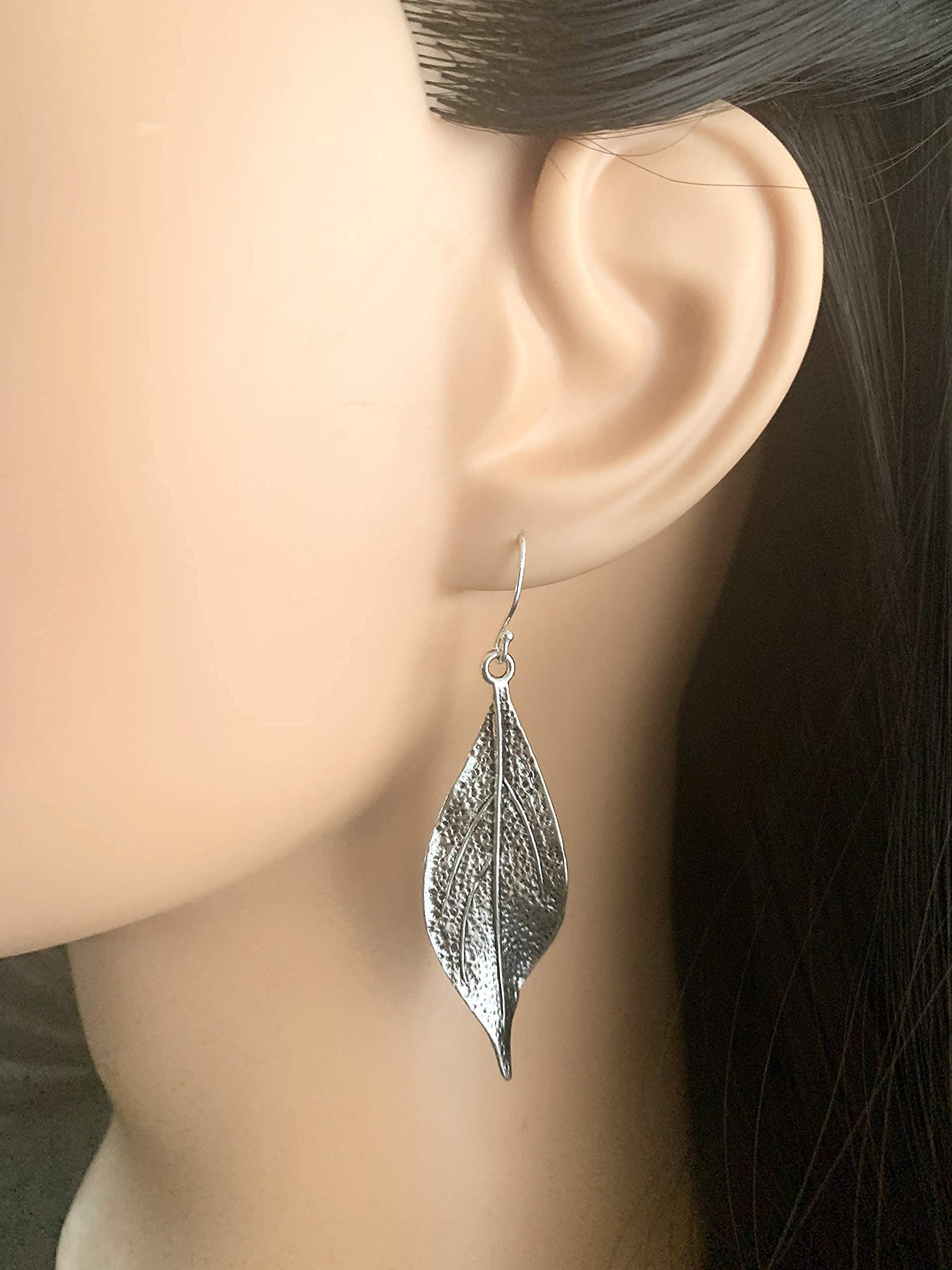 Wavy Leaf on Sterling Silver Dangle Earrings Bohemian Boho