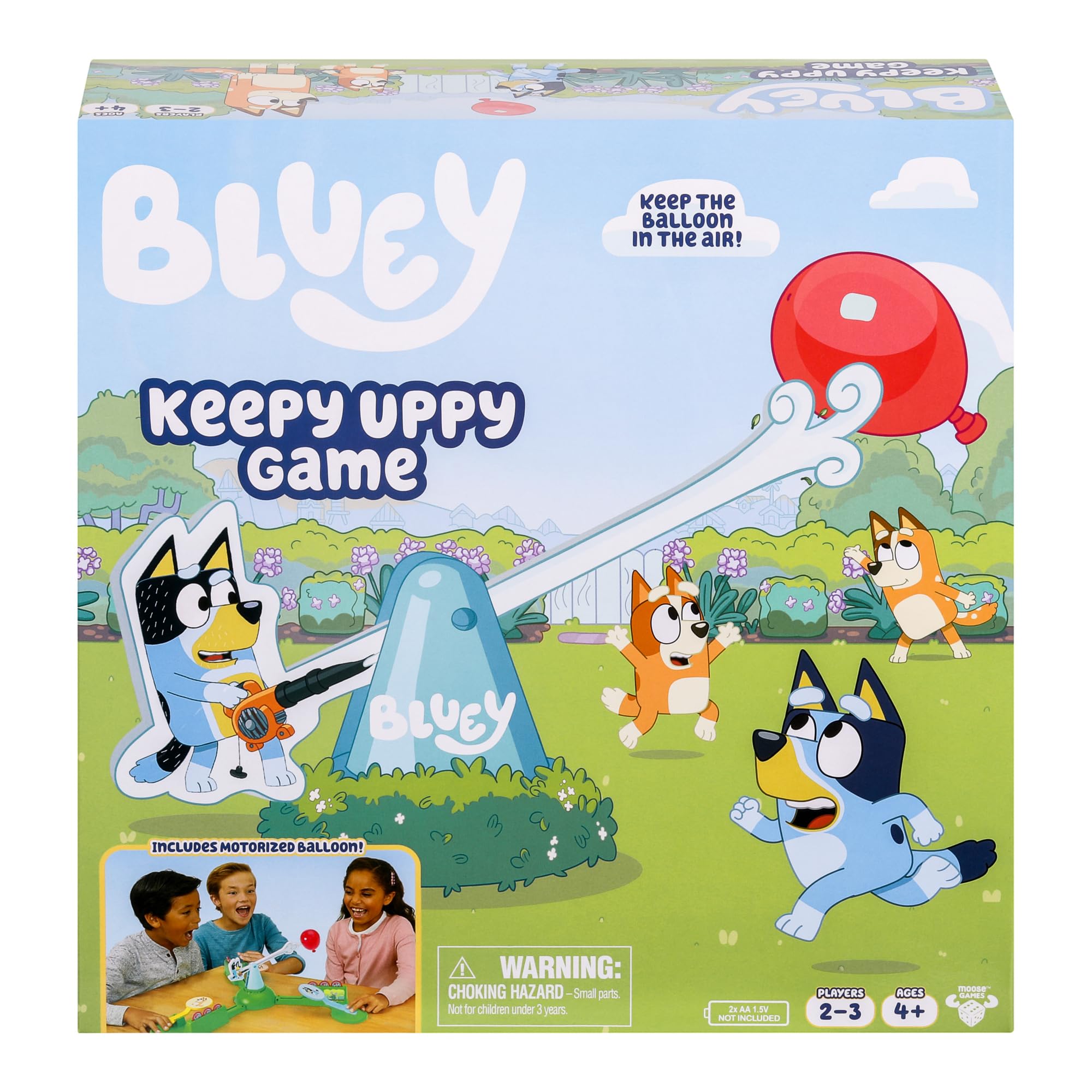 Bluey Keepy Uppy Game. Help, Bingo, and Chilli Keep The Motorized Balloon in The Air with The Character Paddles for 2-3 Players. Ages 4+