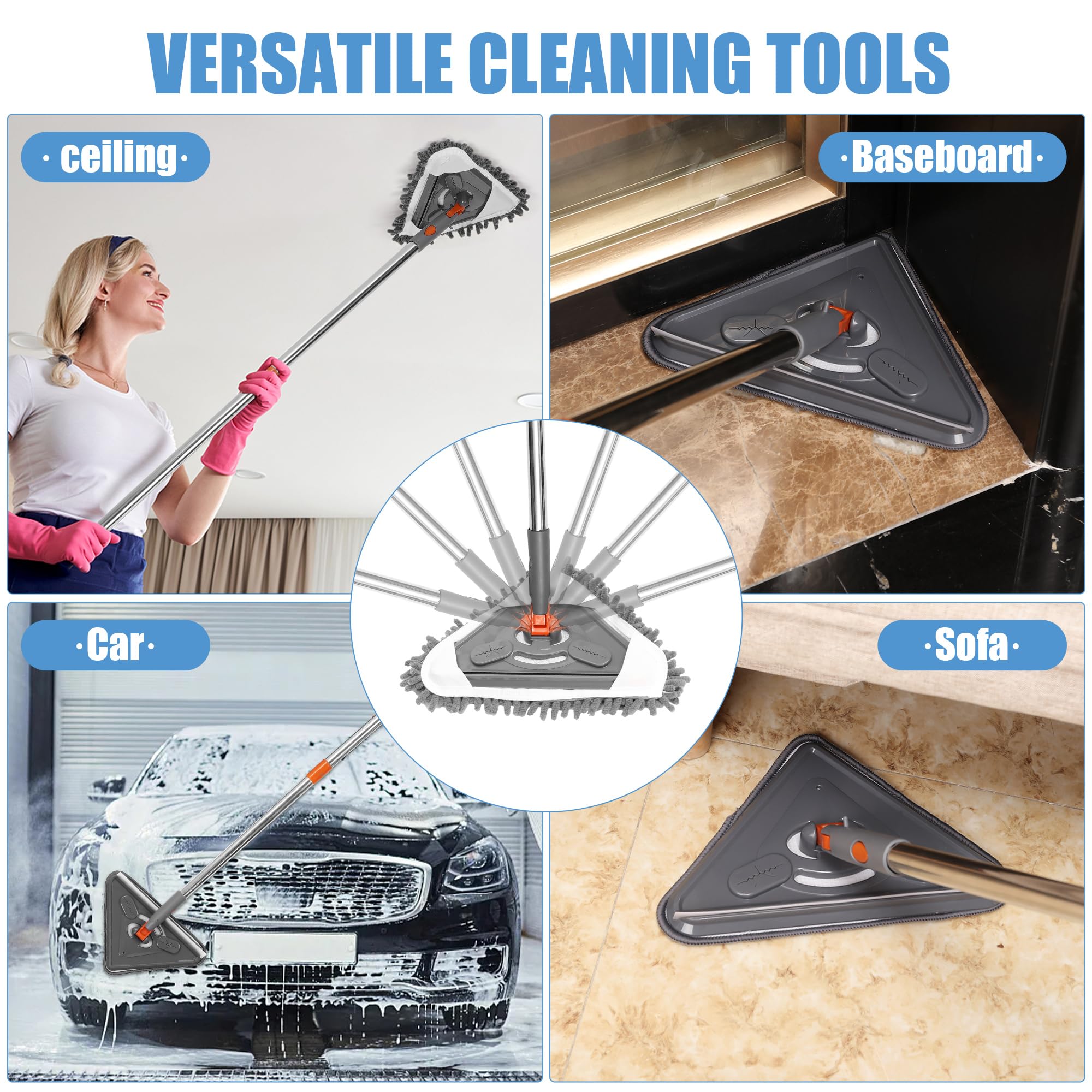 ESTALUXE 85" Wall Mop Cleaner with Long Handle and Stainless Steel Hook - 180° Rotating Wall Cleaner - Duster Tool for Walls, Multifunctional Scrapper, Ceiling, Windows and Floor with Extension Poles