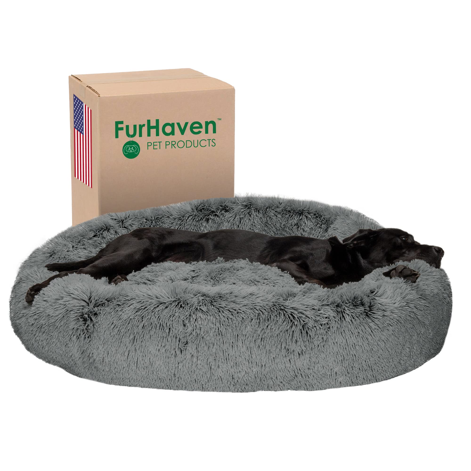 Furhaven 45" Round Calming Donut Dog Bed for Large Dogs, Refillable w/ Removable Washable Cover, For Dogs Up to 90 lbs - Shaggy Plush Long Faux Fur Donut Bed - Gray, Jumbo/XL