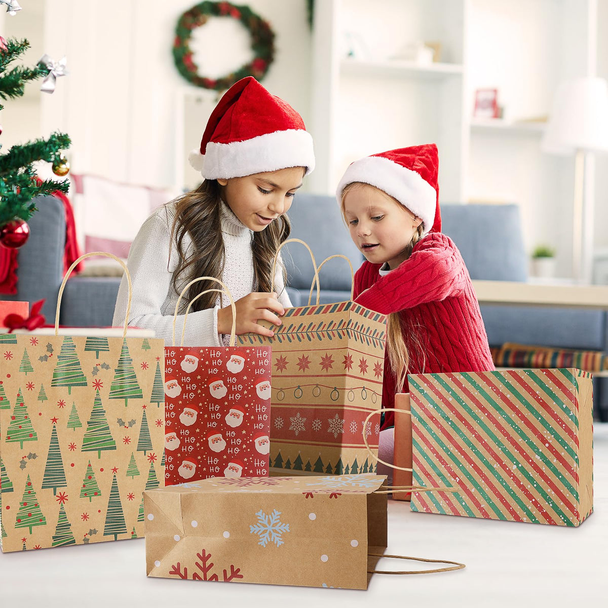 TranquilBliss 12 Unique Christmas Kraft Paper Gift Bags, Durable Handles & Non-Breaking Bottoms, Ideal for Holidays, Birthdays & Parties (24 PCS)