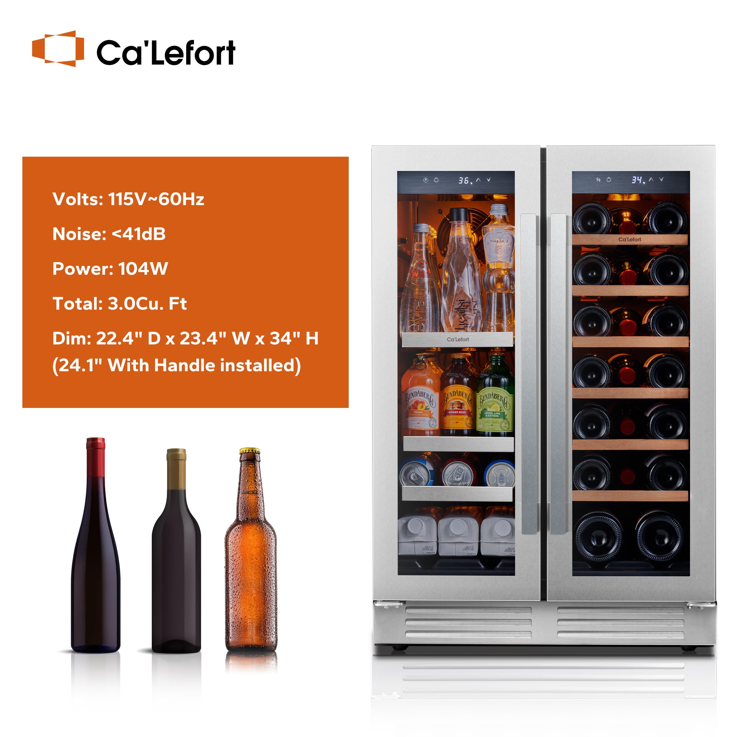 Ca'Lefort Wine Fridge Beverage Refrigerator - 24 inch Dual Zone 60 Cans 20 Bottles Drink Fridge with Glass Door, 3 Color LED Lights Wine Cooler for Beer Soda for Home Office Bar Bedroom