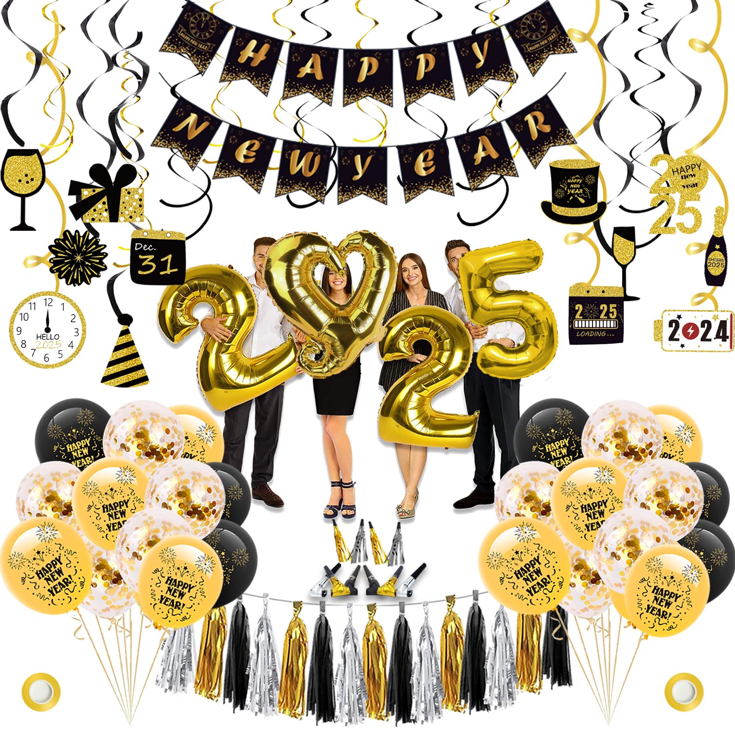 New Years Eve Party Supplies 2025 - New Years Party Decorations Pack Including Balloons, Hanging Swirls, Blowouts, Tissues Tassels Garland, Party Favors and Happy New Year Banner