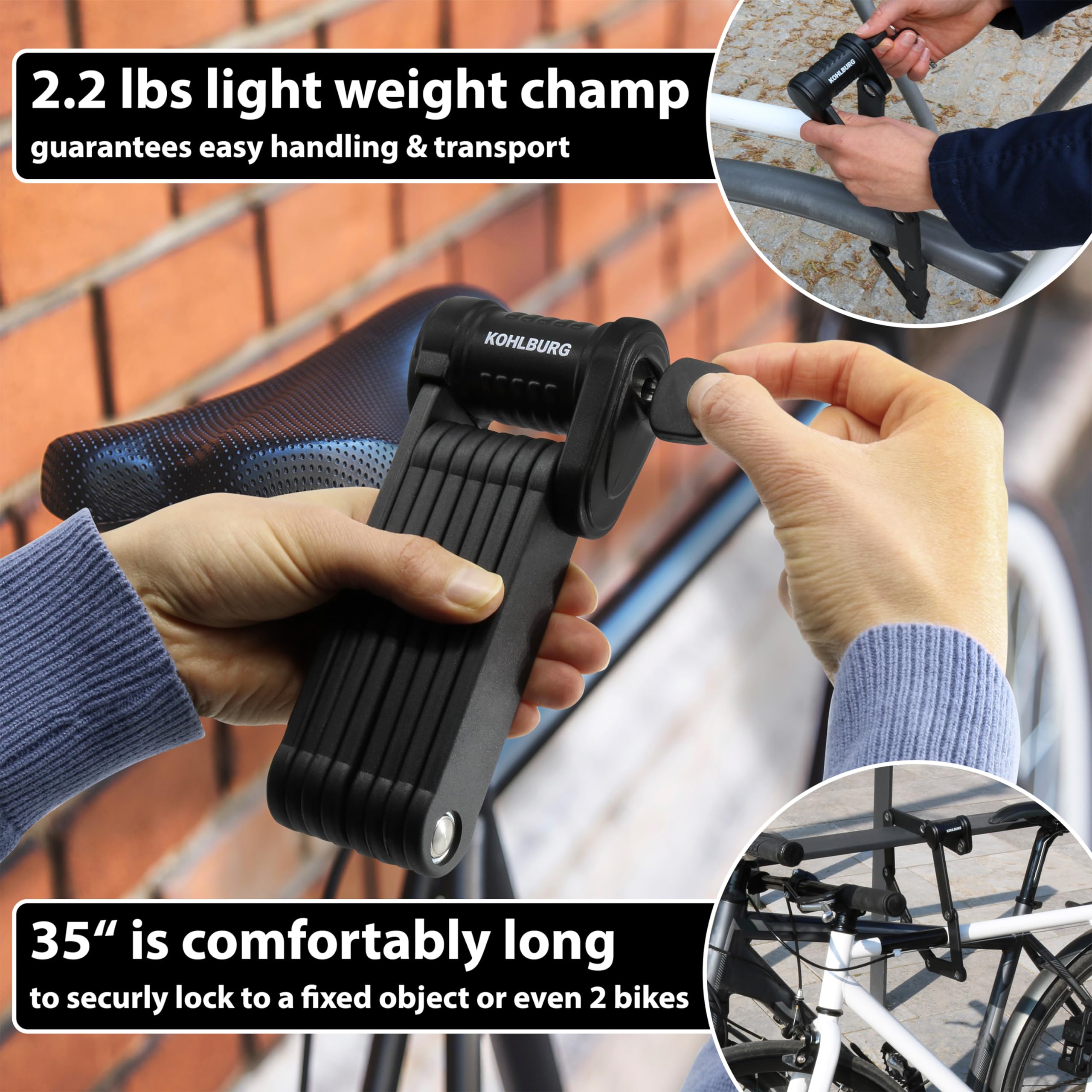 KOHLBURG Security Folding Lock only 2.2 lbs - 35" Foldable Bicycle Lock - German Security Standard - Very Secure Folding Bike Lock - Compact Heavy Duty Bike Lock with Keys & Bracket for e Bike Scooter